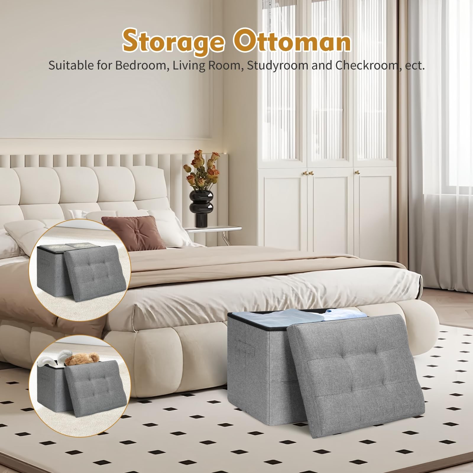 Storage Ottoman Foot Rest Folding Linen Stool Bench Gray 17x13x13 Inch Padded