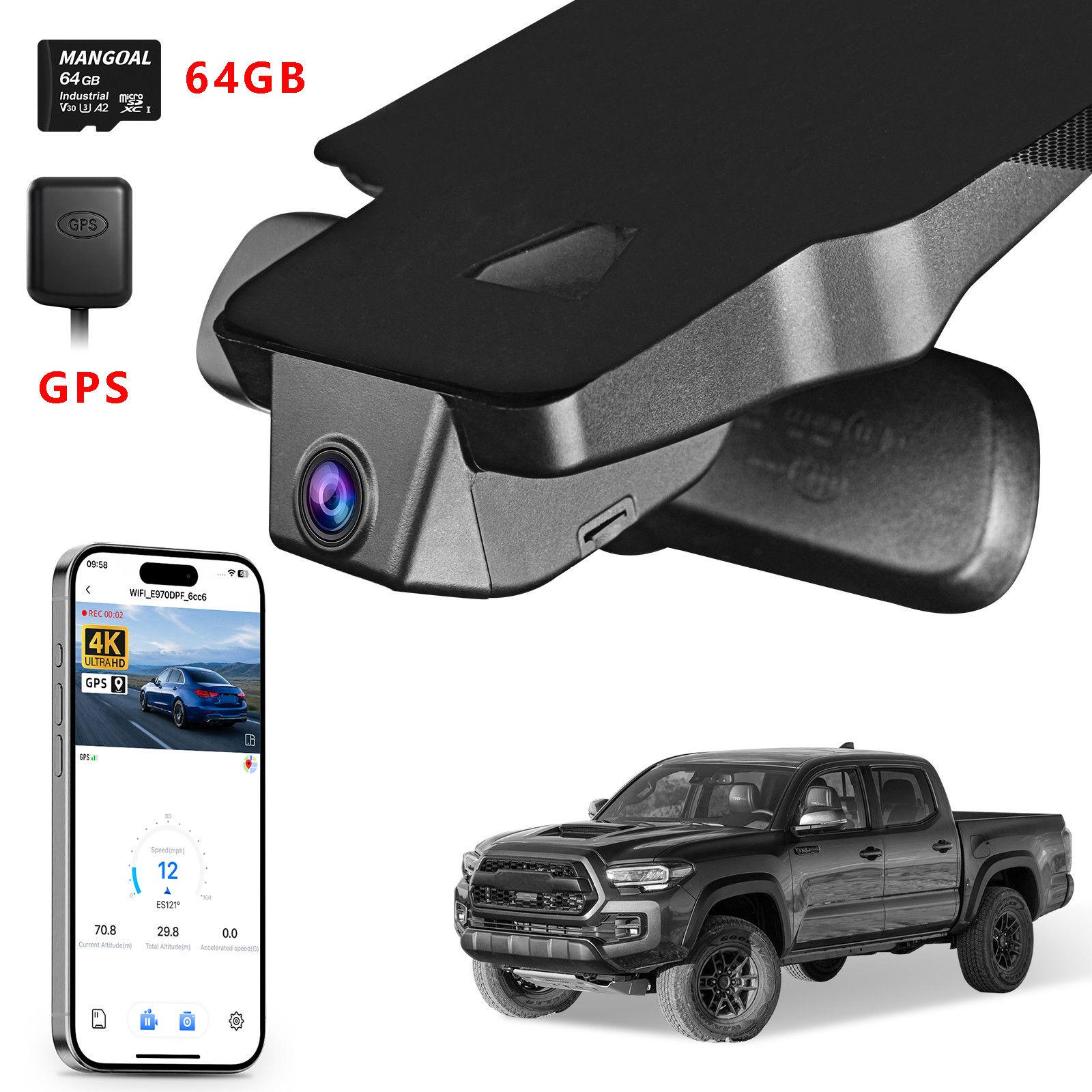 Mangoal 4K Dash Cam Custom for Toyota Tacoma 2018-2023 OEM Look App WiFi GPS 64G