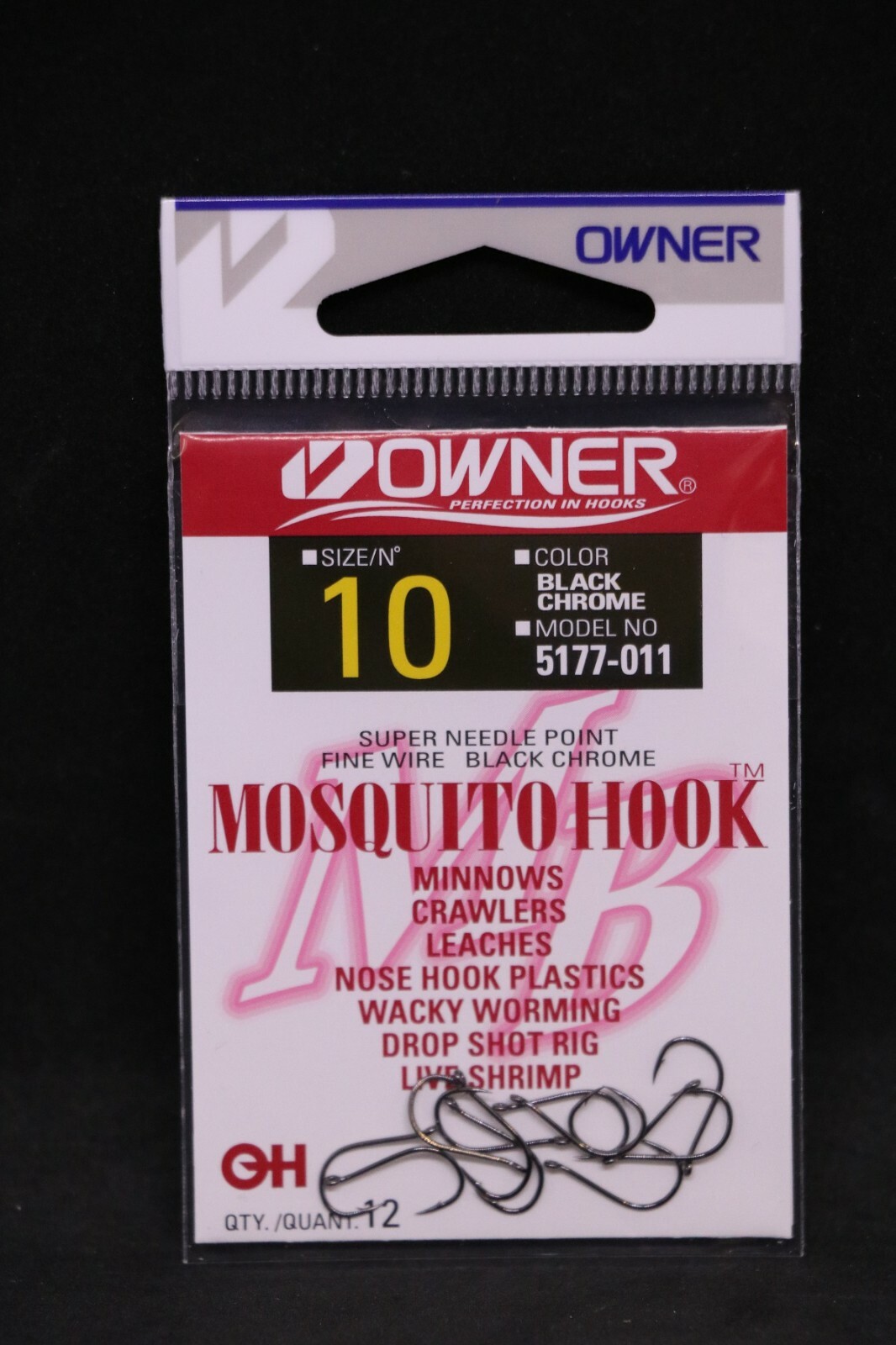 OWNER Mosquito Bait Hooks 5177-011 Size 10 - 12 pack Black Chrome Super Needle