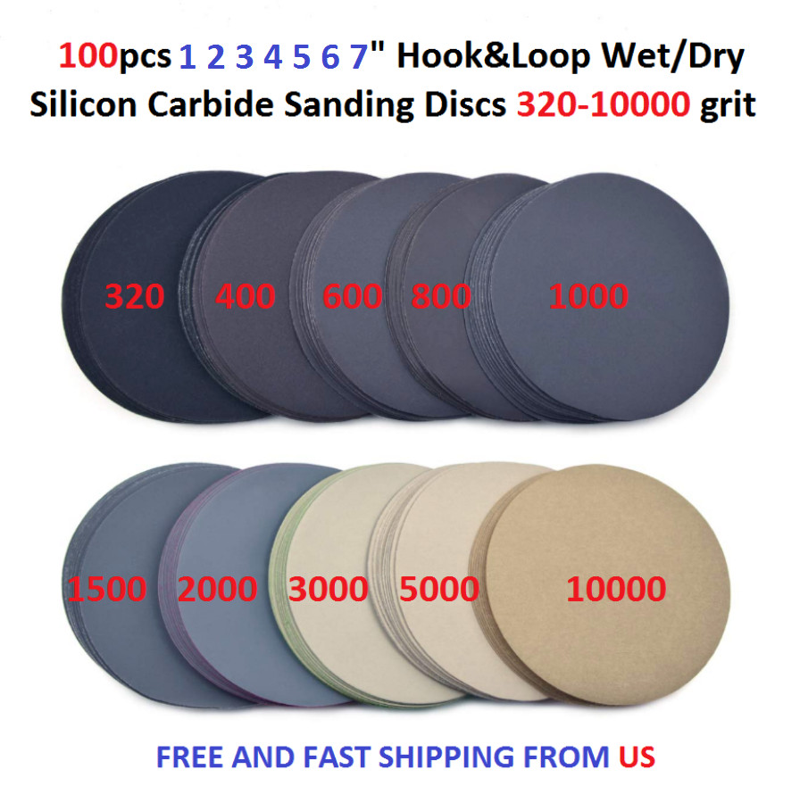 100pcs 1 2 3 4 5 6 7" Hook&Loop WetDry Silicon Carbid Sanding Disc 320-10000grit