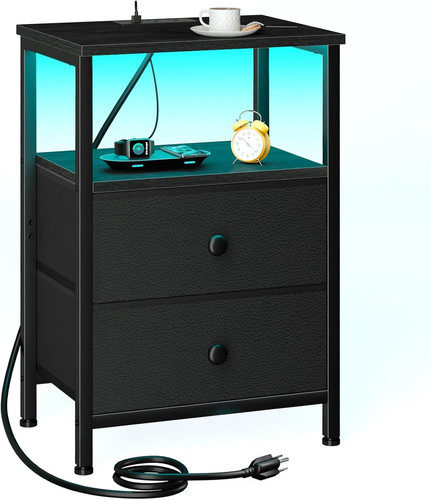 LOAKEKEL LED Night Stand with Charging Station, Small Bedside Table USB...