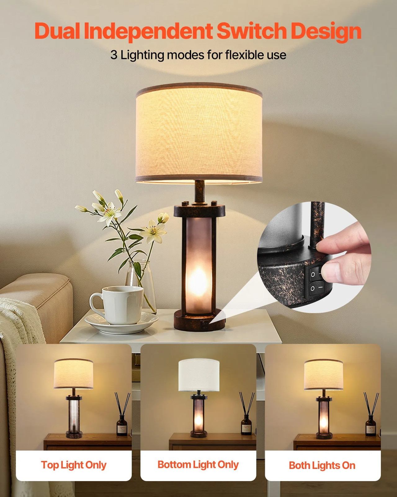 Table Lamps Set of 2, Dimmable Farmhouse Bedside Nightstand Lamps, Vintage Lamp