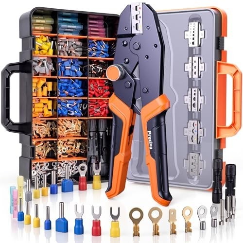 Adjustable Ratchet Crimping Tool Kit with 6 Jaws, 361pcs Terminals & Case - Elec