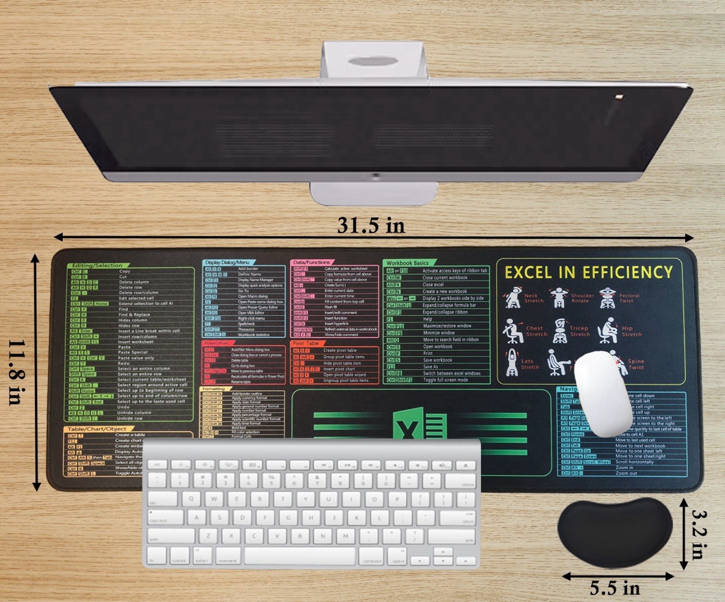 Excel Cheat Sheet Desk Mat, Large 31.5"x11.8" Excel Keyboard Shortcut Mouse Pad