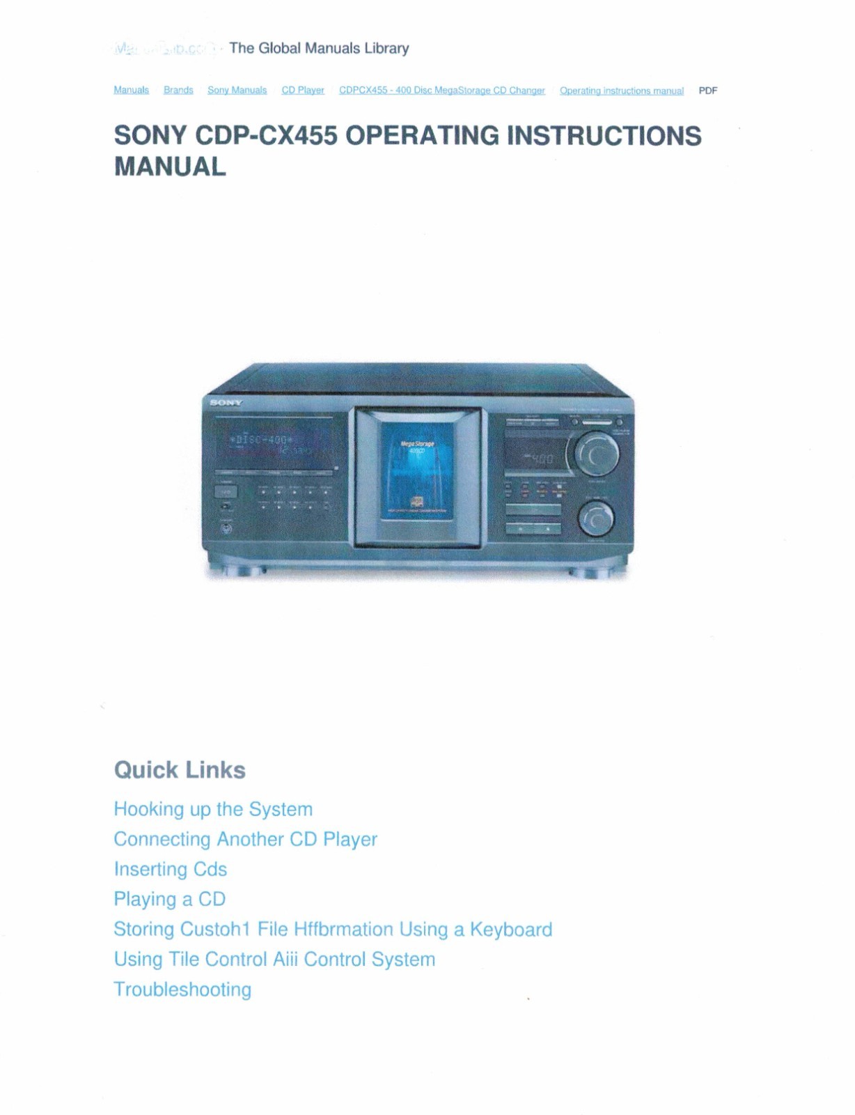 SONY CDP-CX455 CD/DVD Service & Operating Manuals (On CD )