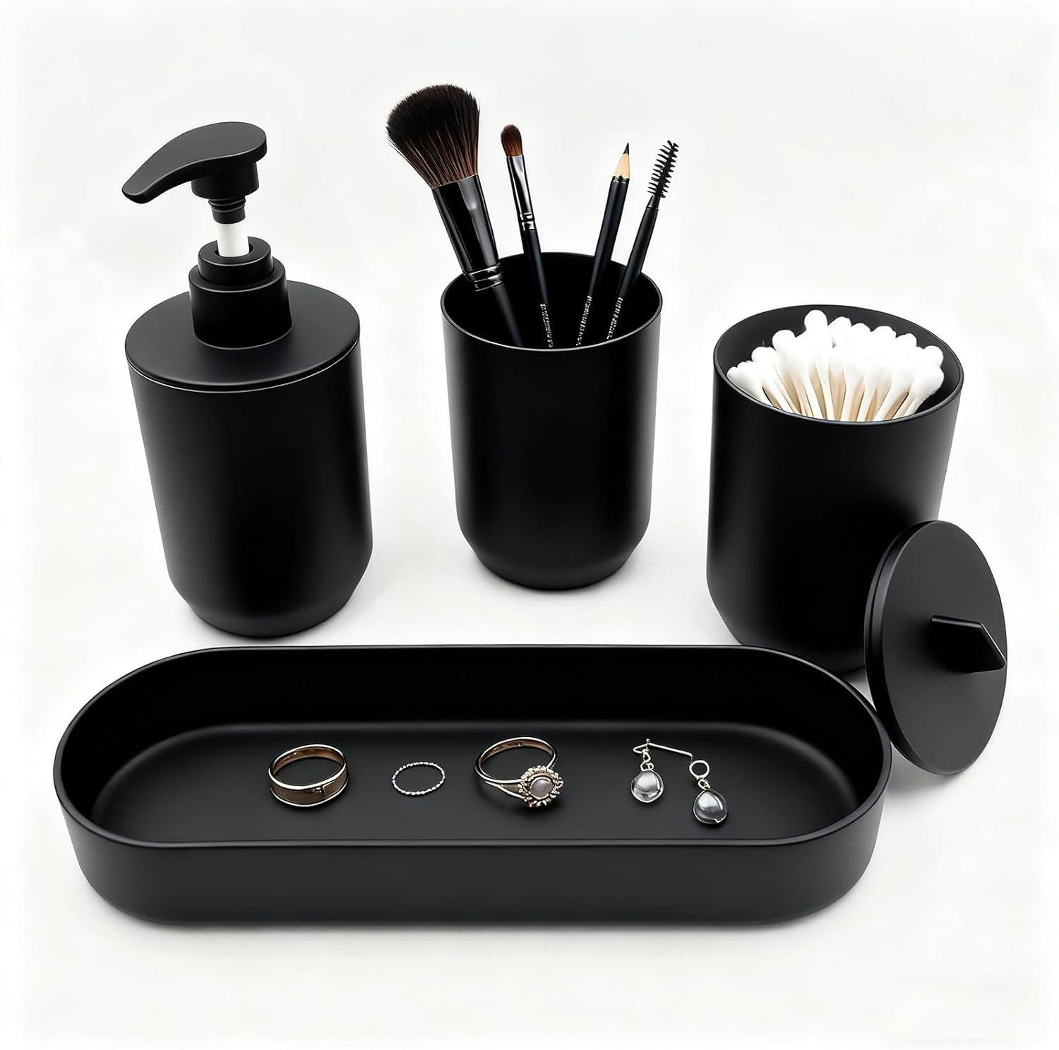4-Piece Bathroom Accessories Set, Matte Black Plastic Countertop Organizer with