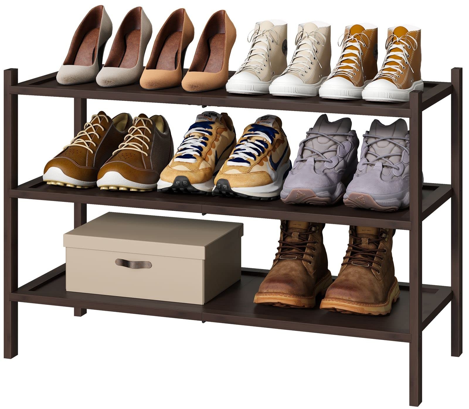 Bamboo Shoe Rack for Entryway, 3-Tier Stackable | Foldable | Natural, Shoe Or...