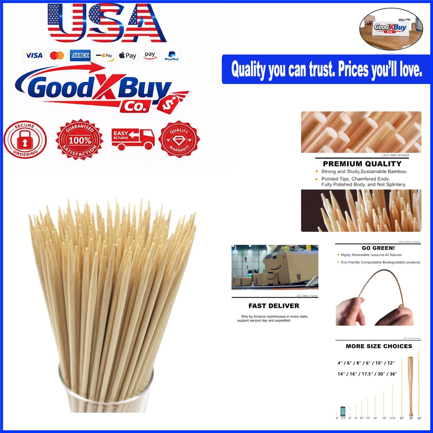 4-Inch Natural Bamboo Skewers Pack of 100 for Party Grilling & Food Uses - Ec...