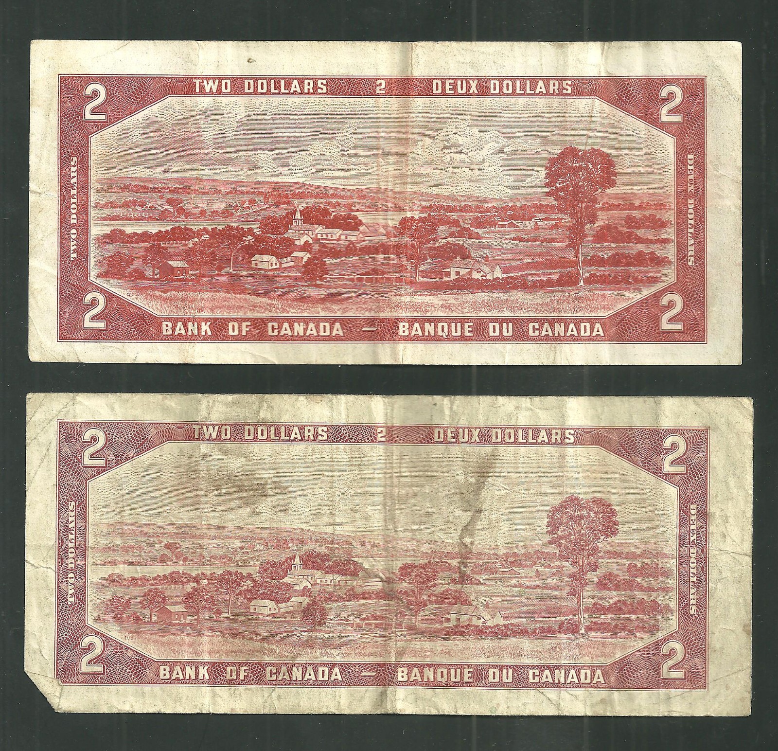 Pick# 67B & 76B 1954 Canada Canadian 2 Dollar Notes One Devil's Head Banknote