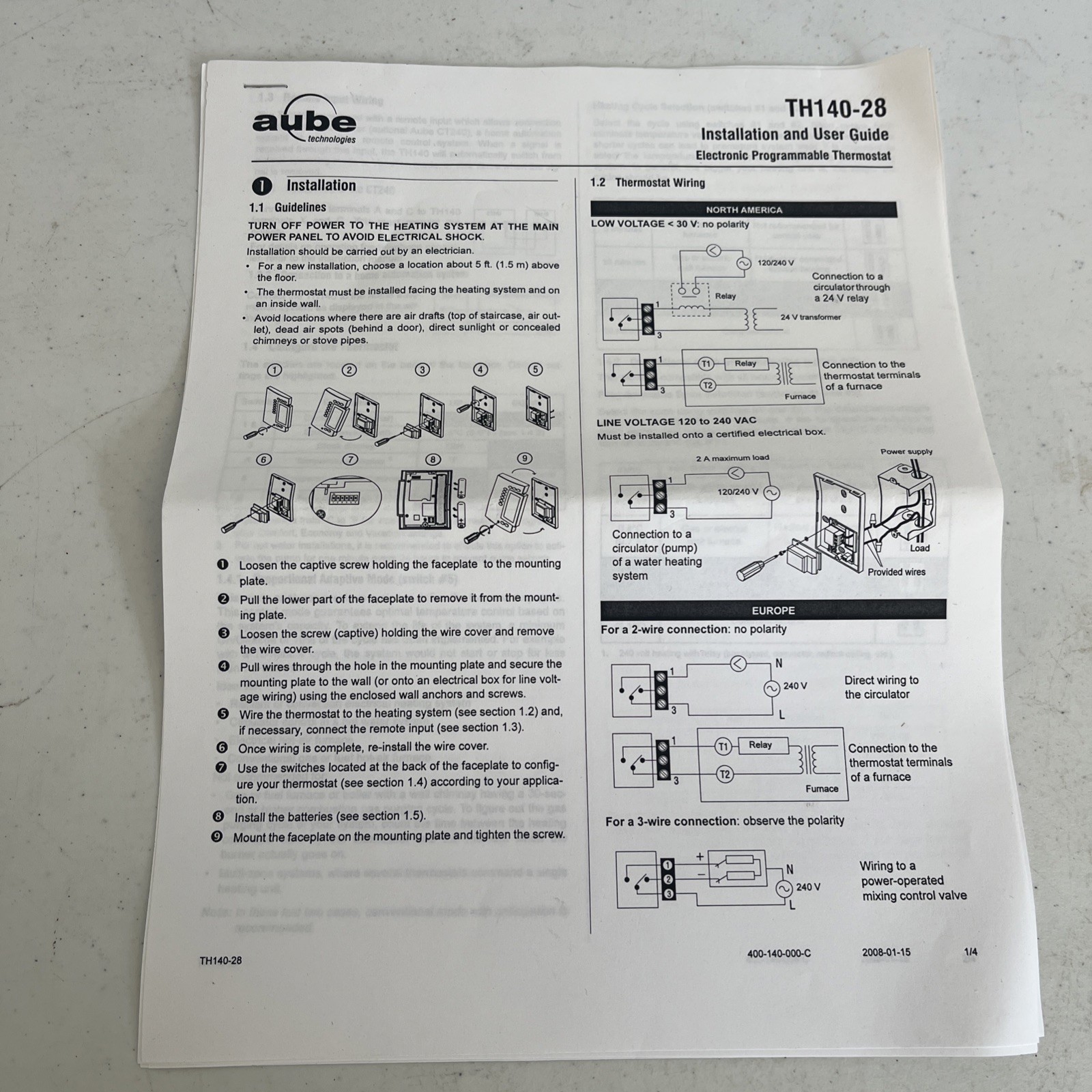 Aube Technologies TH140-28-B/U Thermostat For Heating And Cooling Untested
