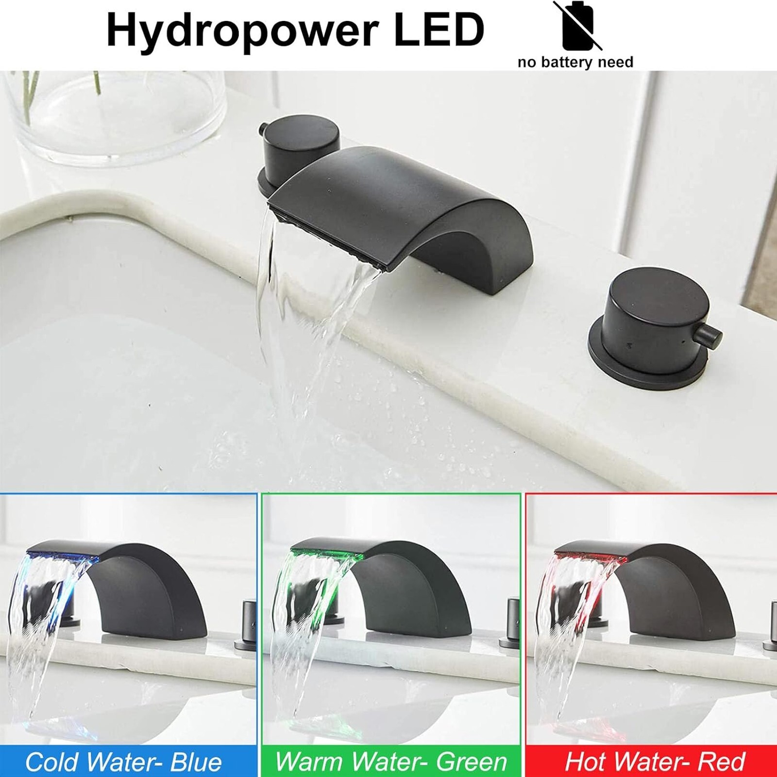 LED Waterfall Bathroom Sink Faucet 3 Hole 2 Handle Vanity Basin Mixer Taps Black