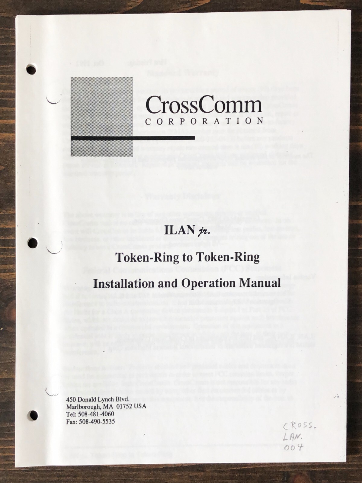 CrossComm - ILAN jr: Token-Ring to Token-Ring Operation Manual (1992)