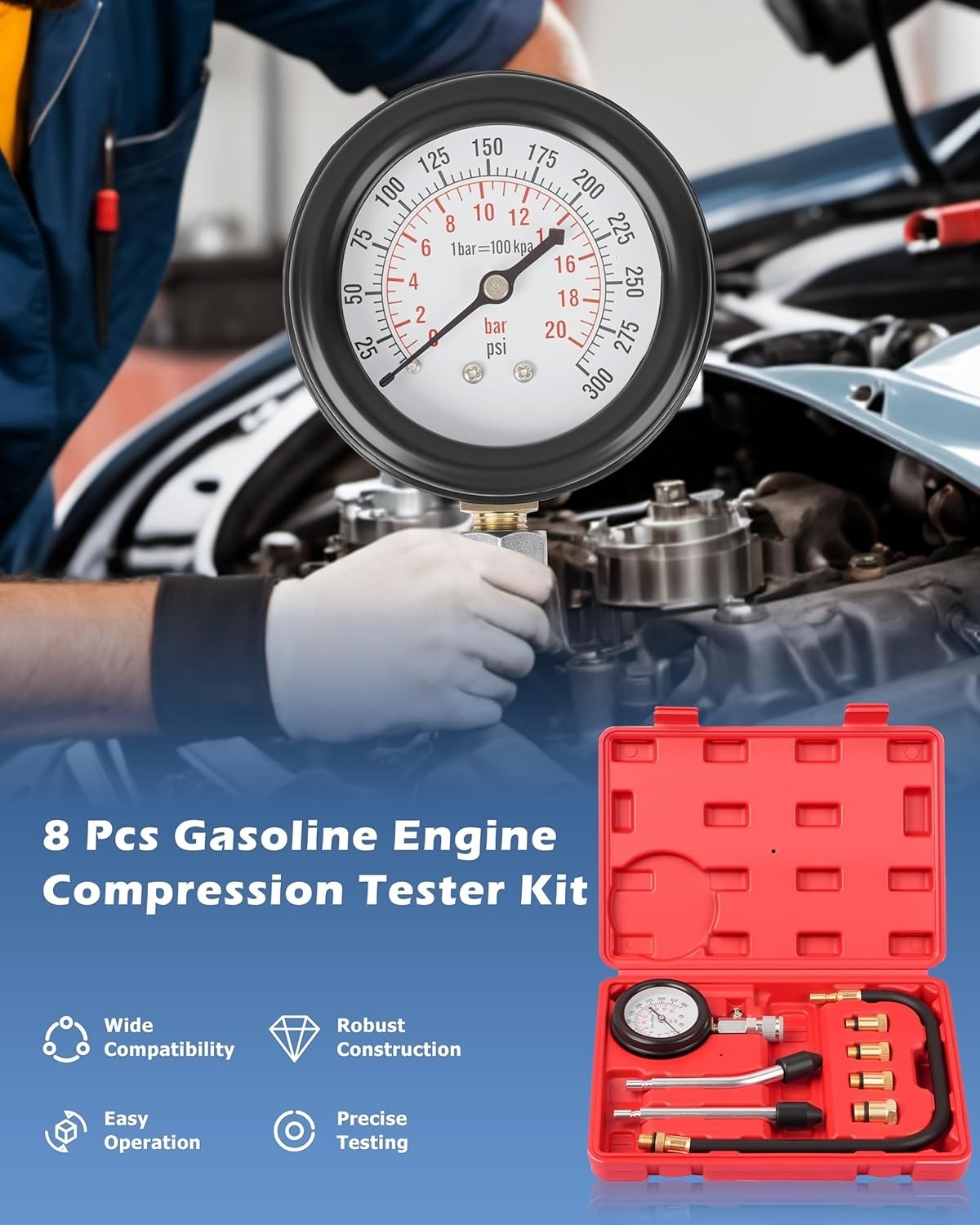 8-Piece Petrol Engine Compression Tester Kit - Accurate Diagnostics for Vehicles