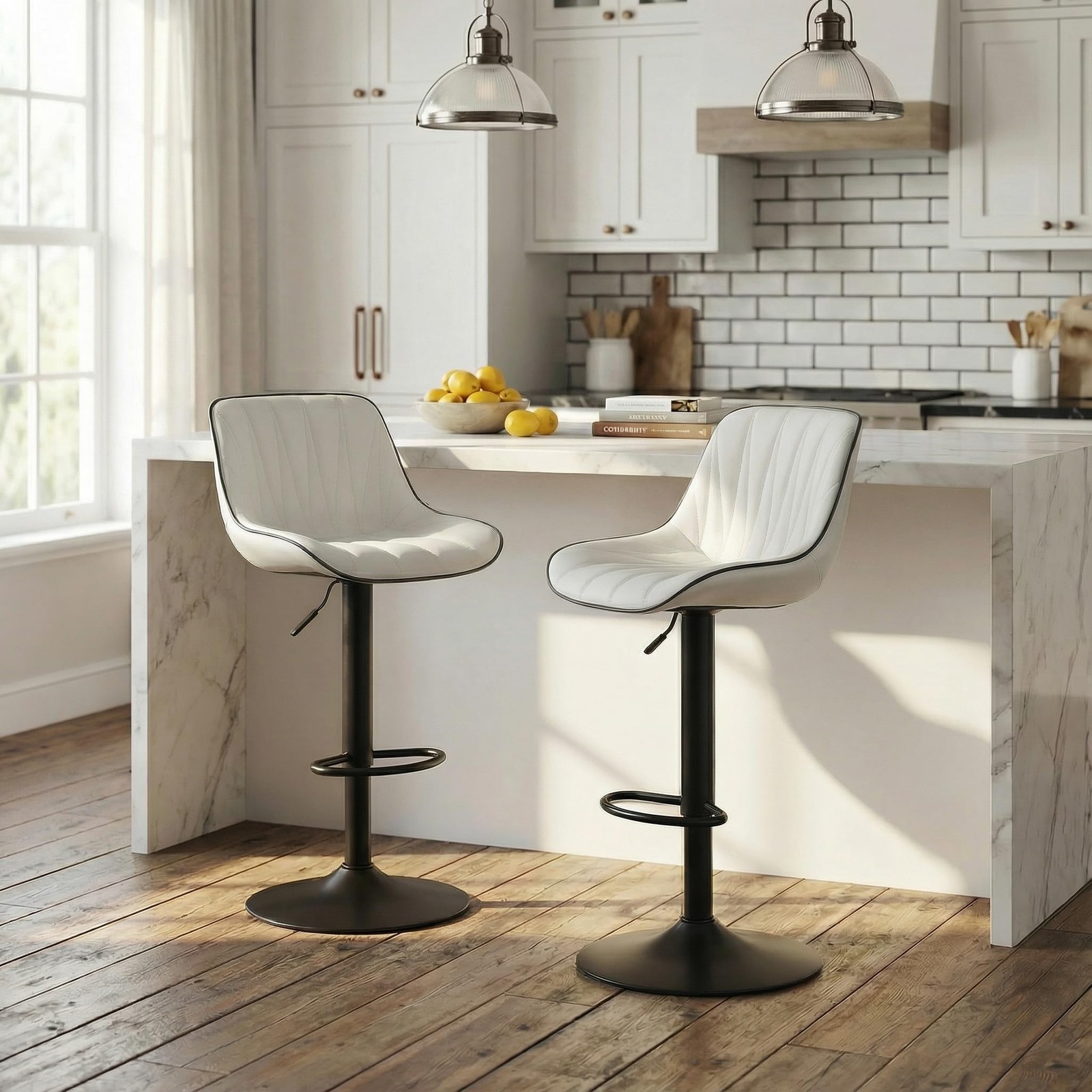 Bar Stools Set of 2 for Kitchen Island, White Faux Leather Padded