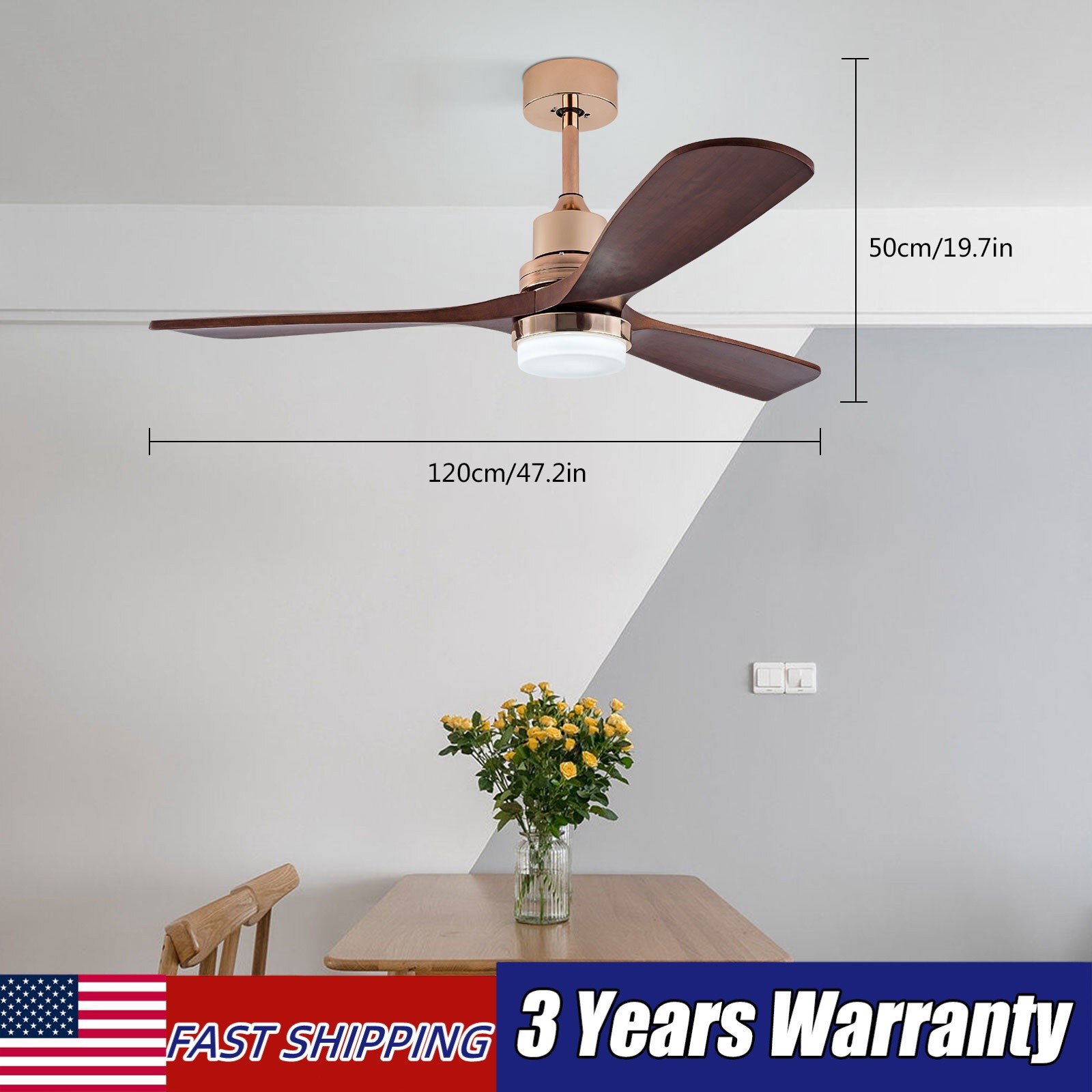 Fan Pendant Light 48Inch With Remote Control Reversible Quiet Motor Bed Room