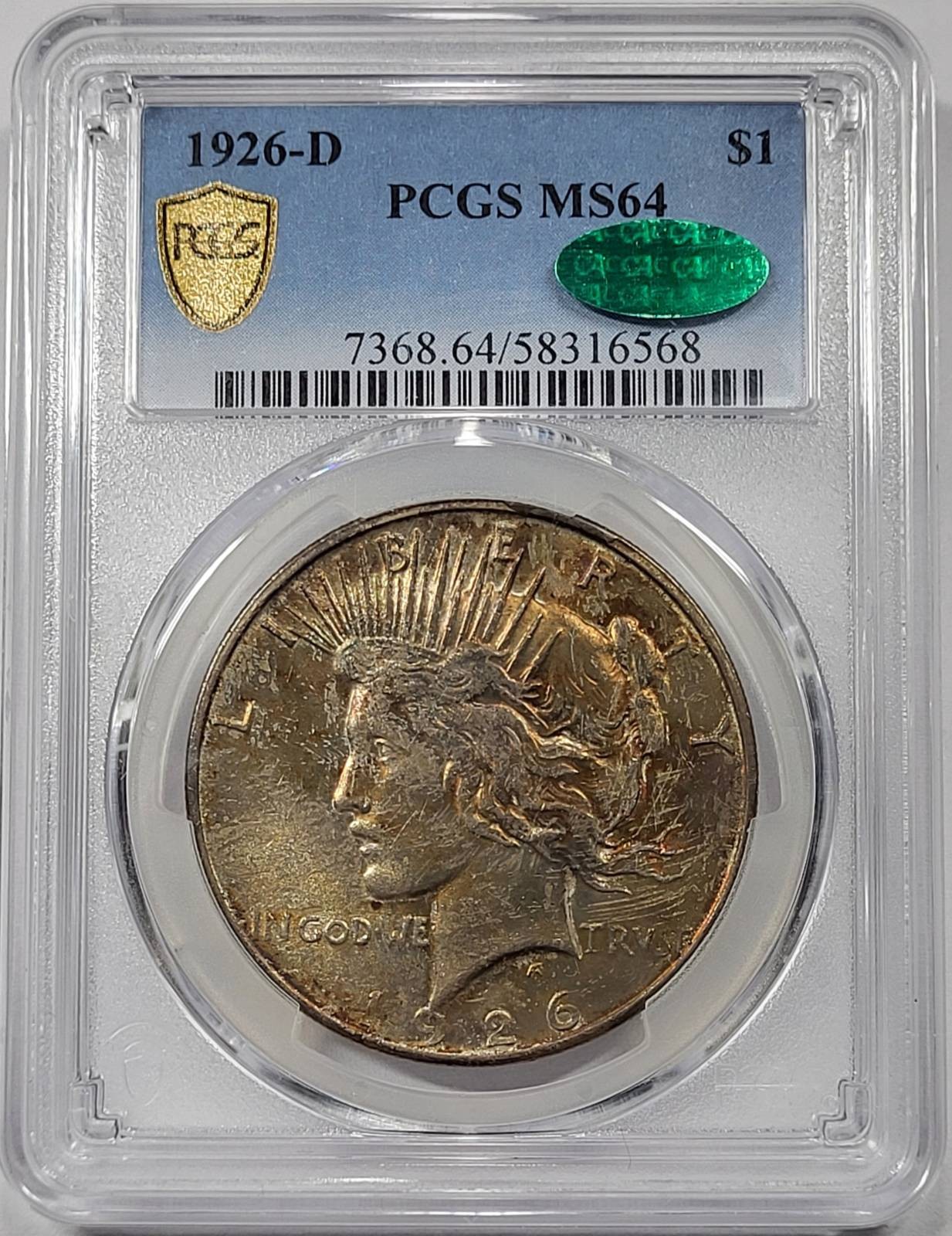 1926 D Peace Silver Dollar PCGS MS-64 CAC Rainbow Toning
