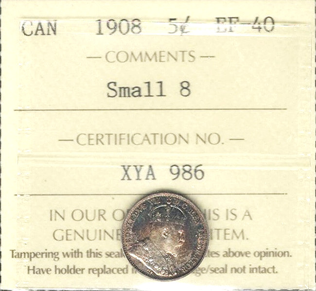 1908 SMALL 8 Five Cents Silver ICCS EF-40 Beautifully TONED Edward VII Canada 5¢