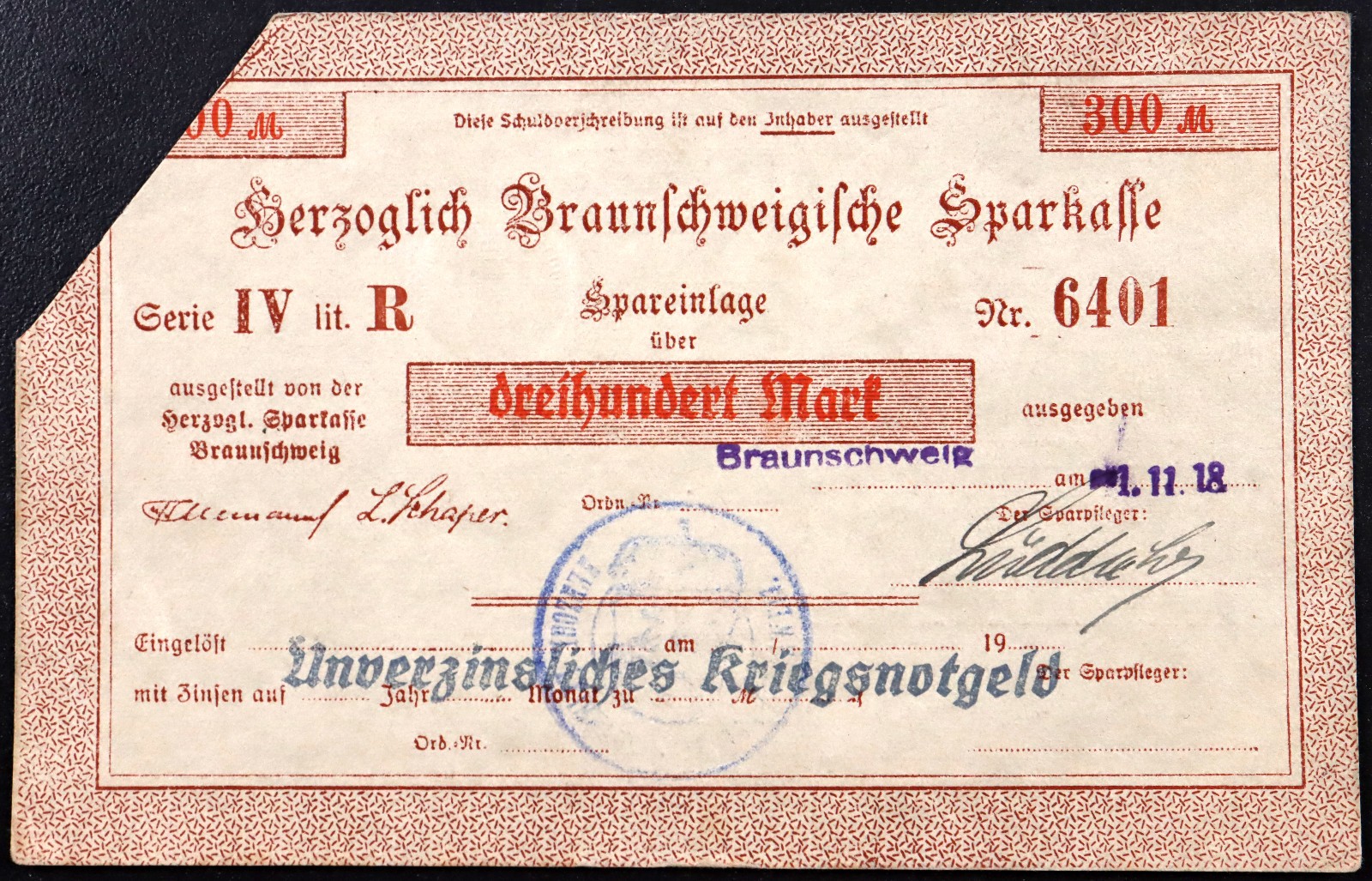 BRAUNSCHWEIG 1918 "Herzoglich Braunschweigische Sparkasse" 300 Mark Grossnotgeld