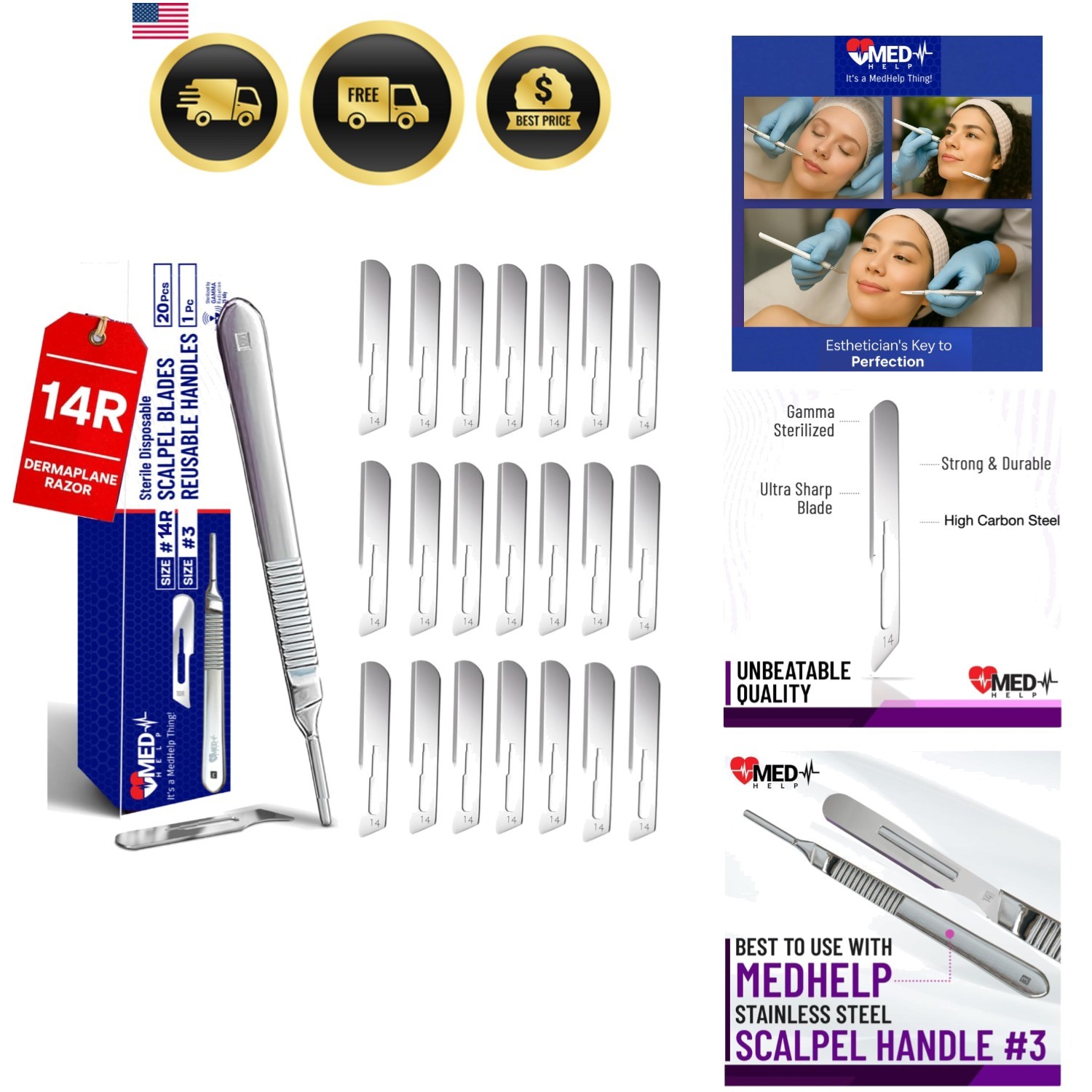 14R Blades Dermaplaning Scalpels with Dermaplane Handle, Pack of 21 Dermaplan...