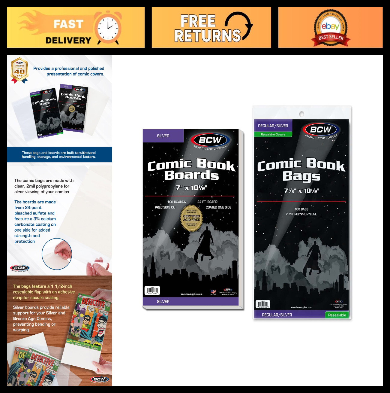 Silver Age Comic Bags & Boards Combo - 200 Resealable Bags + 200 Backing Boards,