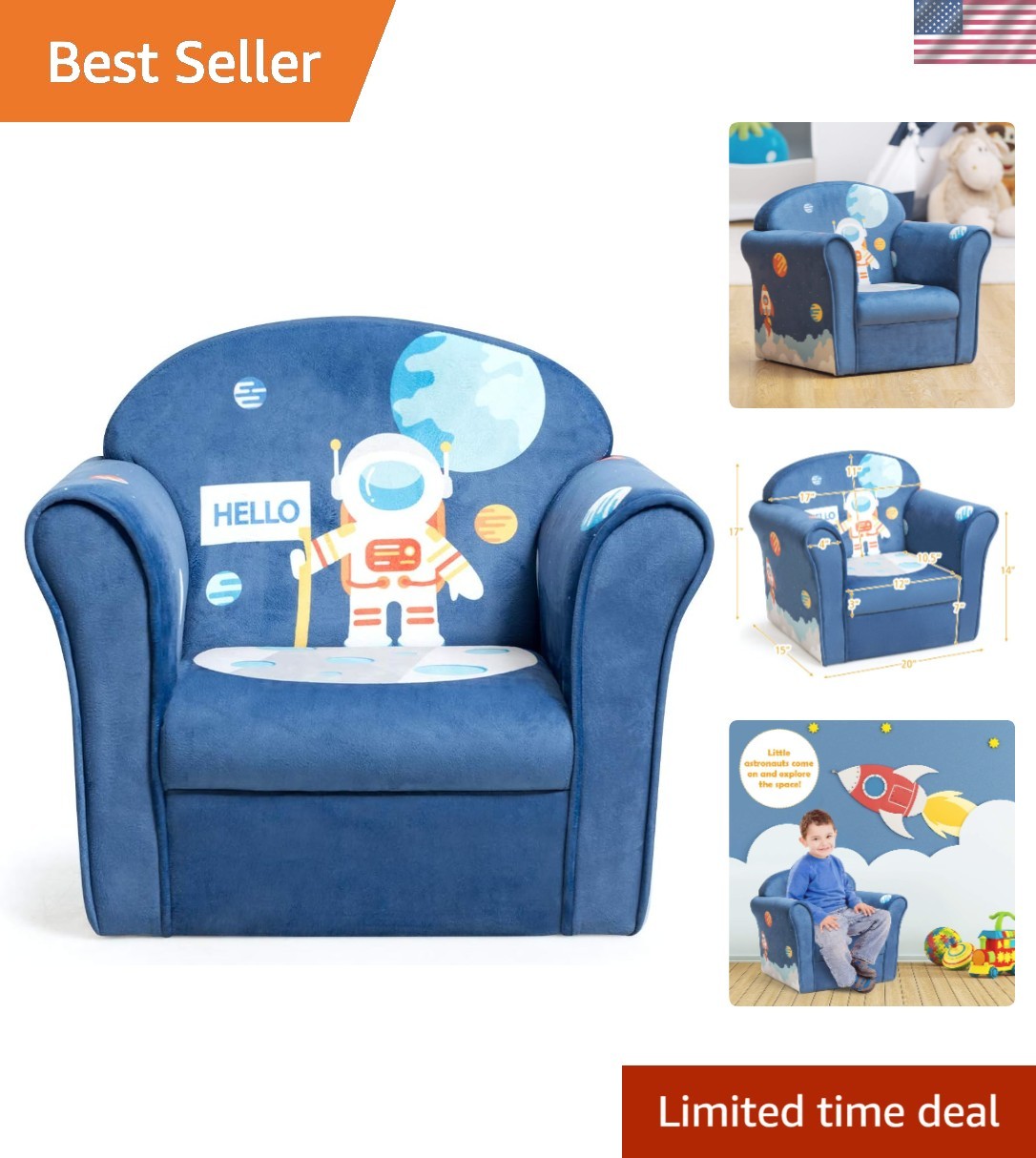 Sturdy Eucalyptus Kids Couch with Astronaut Pattern for Stylish Toddler Rooms