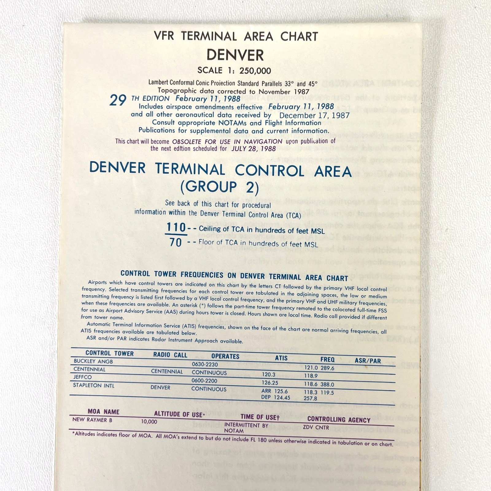 Denver Aviation Map VFR 1988 Terminal Area Chart Group 2 TAC FAA NOAA