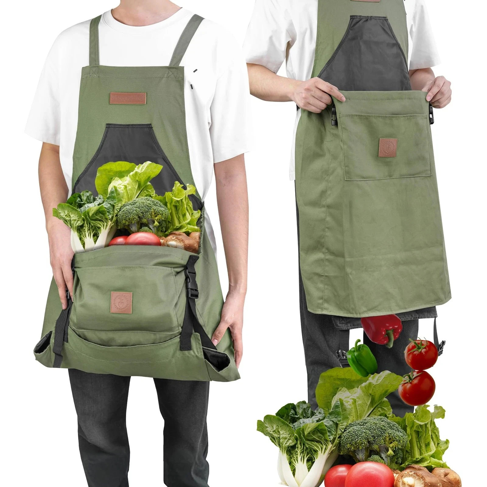 Harvest Apron, Canvas Gardening Apron with Pockets and Harvesting Pouch Green