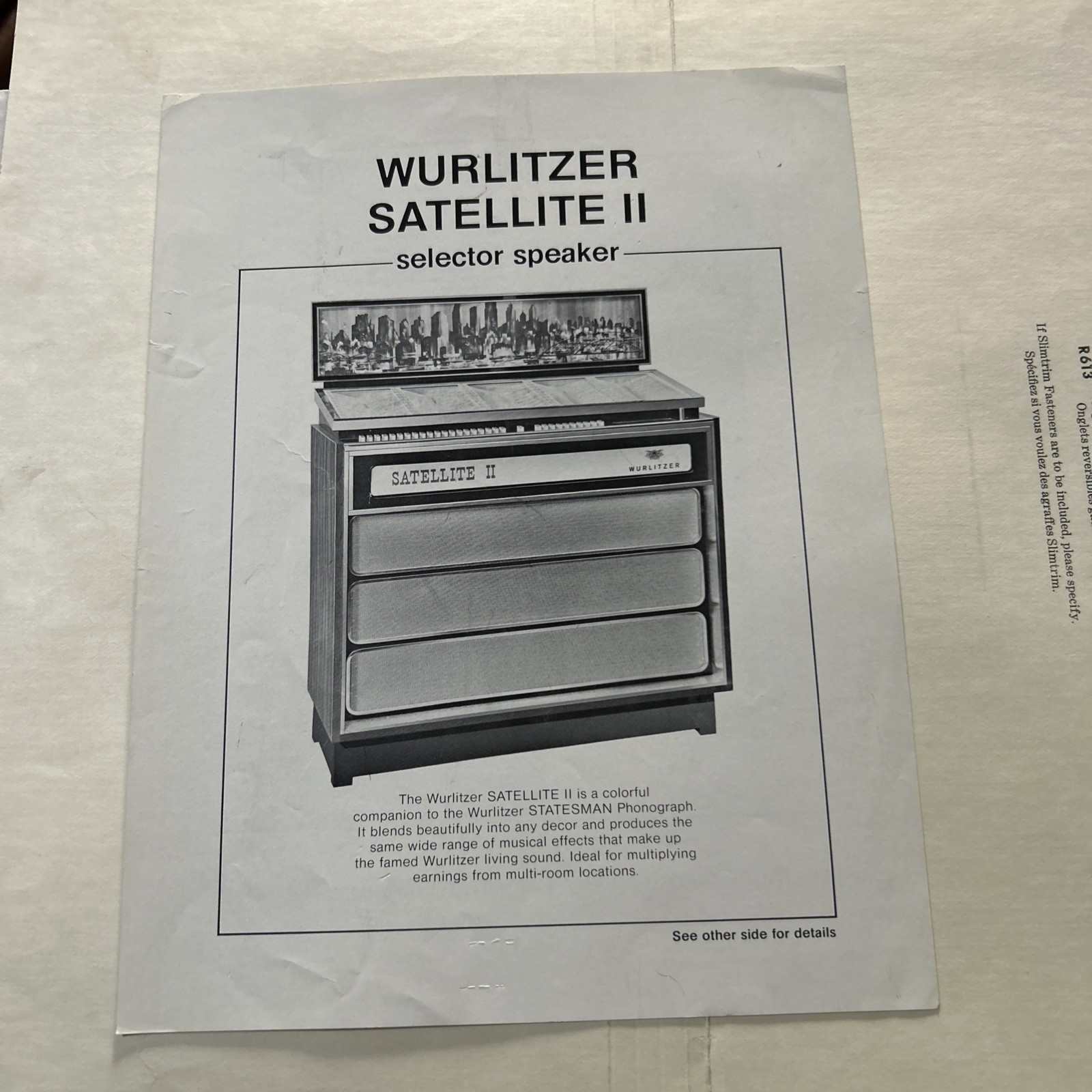 Original Factory Jukebox Wurlitzer Satellite  2 II Phonograph FLYER