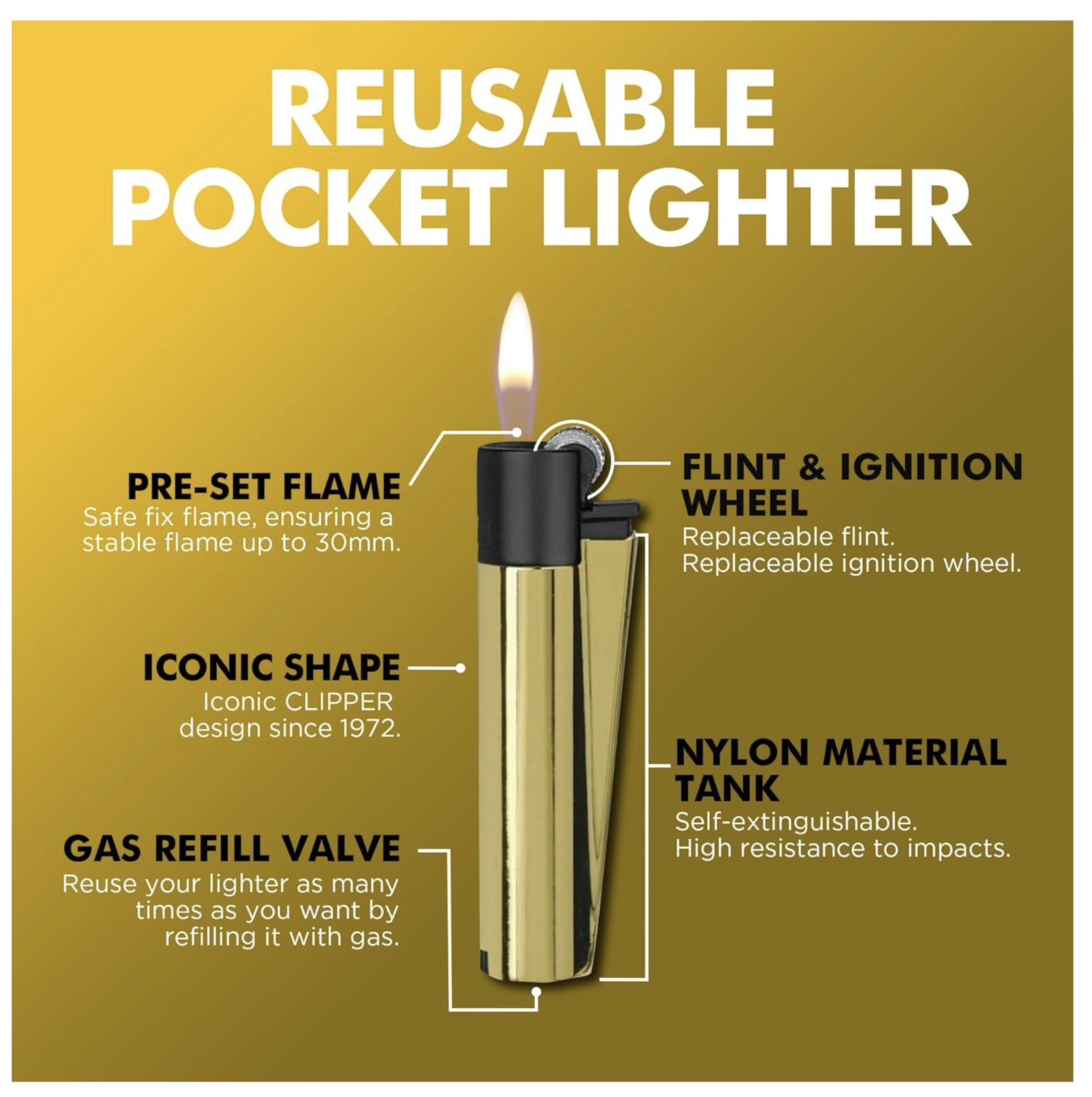 Clipper Full Metal Lighter Silver Black Gold Refillable
