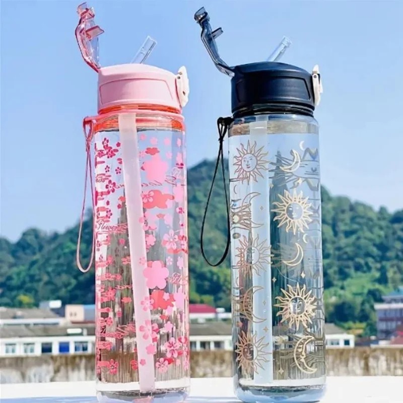 800ML Space Print Water Bottle with Straw & Strap Portable Leakproof Cup