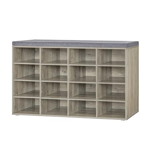 Shoe Storage Bench with Cushion, 16-Cubby Shoe Rack, 16 Cubby Gray Wash