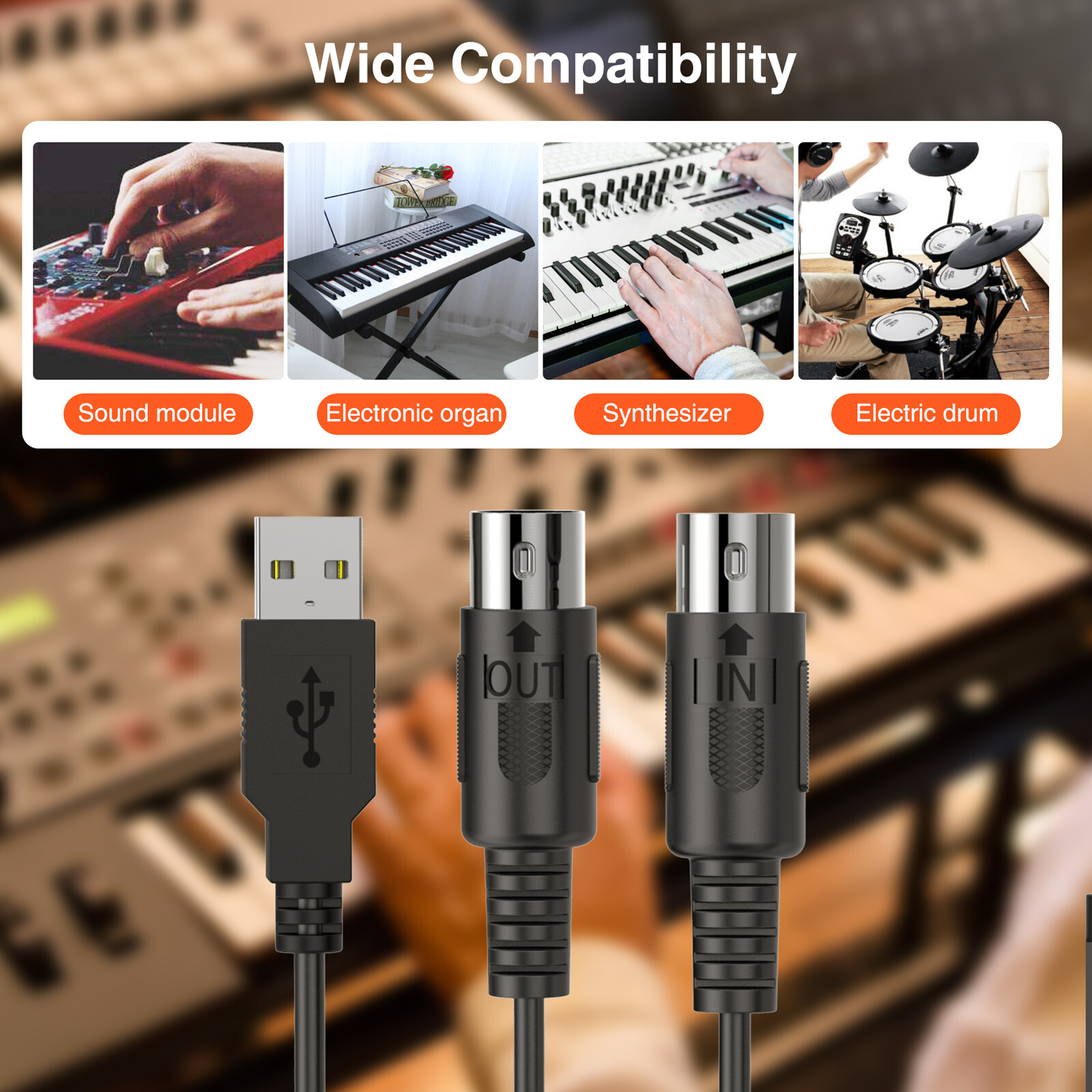 LEKATO 6.5Ft MIDI Cable MIDI to USB Cable with Input & Output for Recording