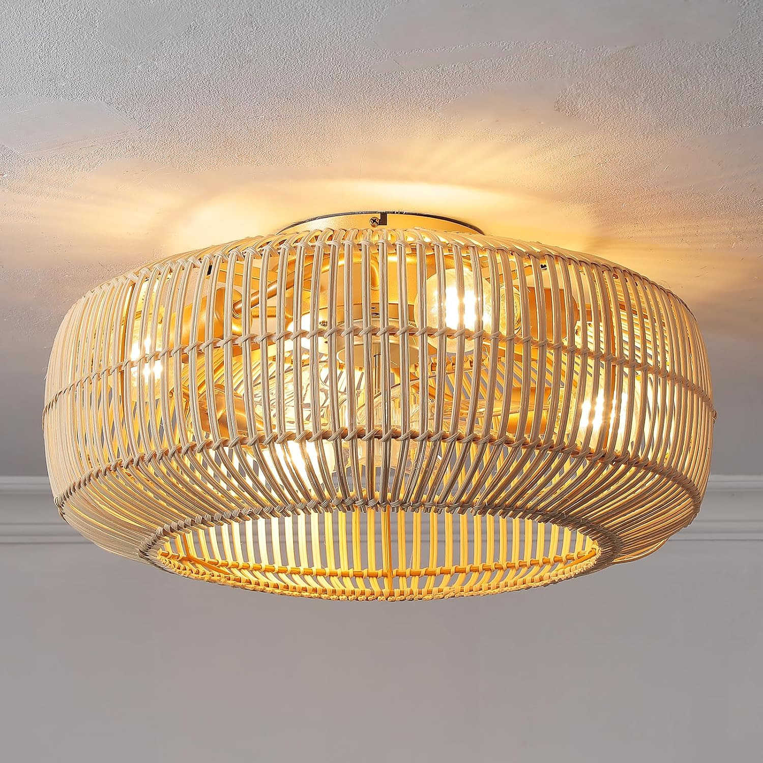 Rattan Flush Mount Ceiling Fan with Light and Remote Boho Fandelier | 20" Coasta