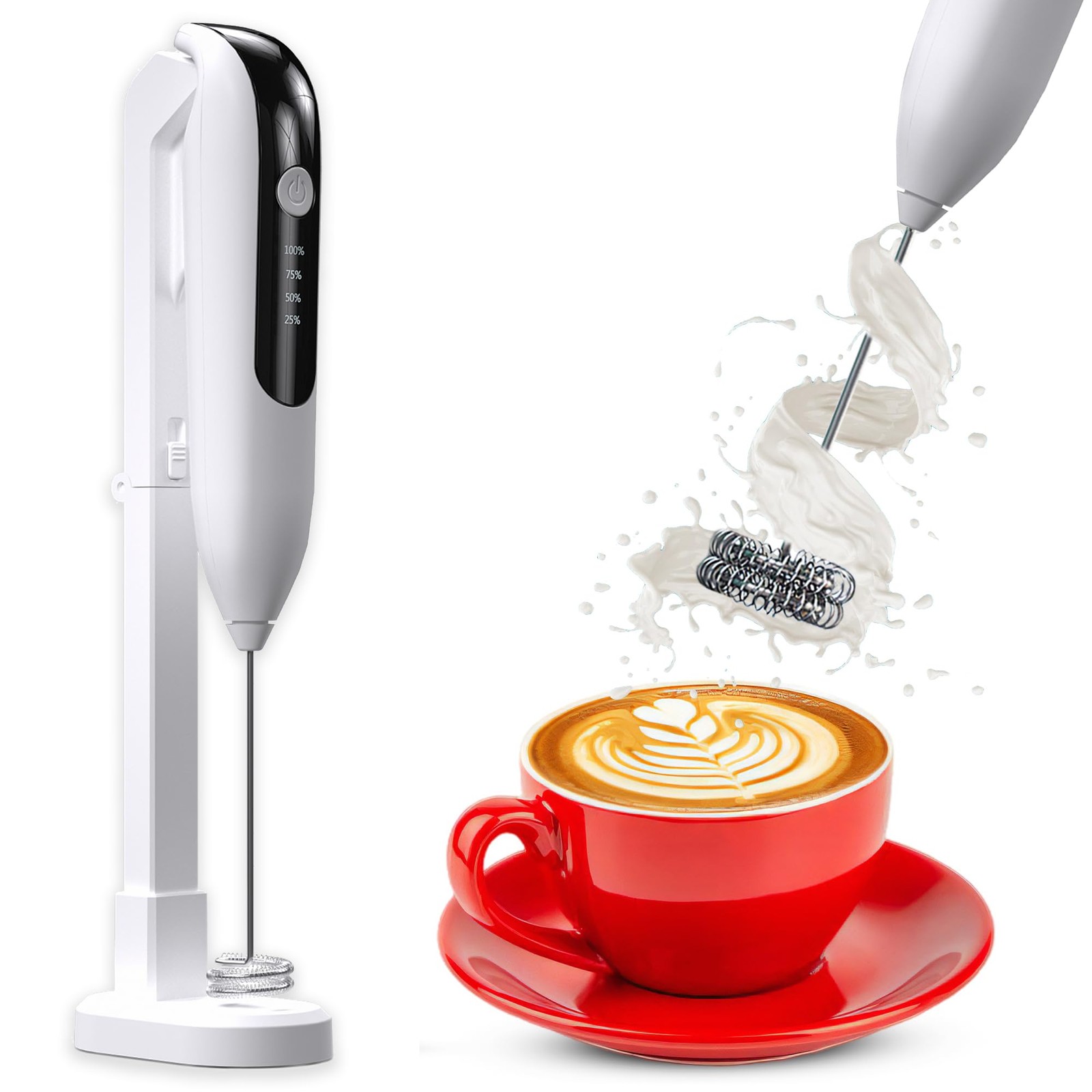 Rechargeable Milk Frother Handheld with Stand for Latte Art/Coffee Mixer Wand...