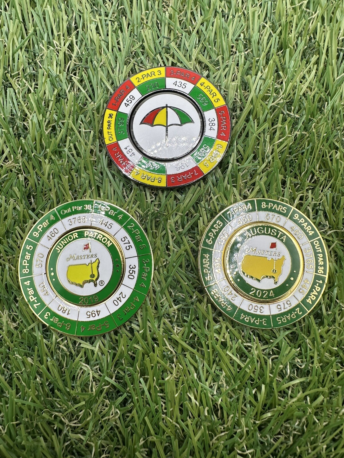 (3) RARE COLLECTIBLE MASTERS & BAY HILL MAGNETIC YARDAGE BALL MARKER COINS - 3pc