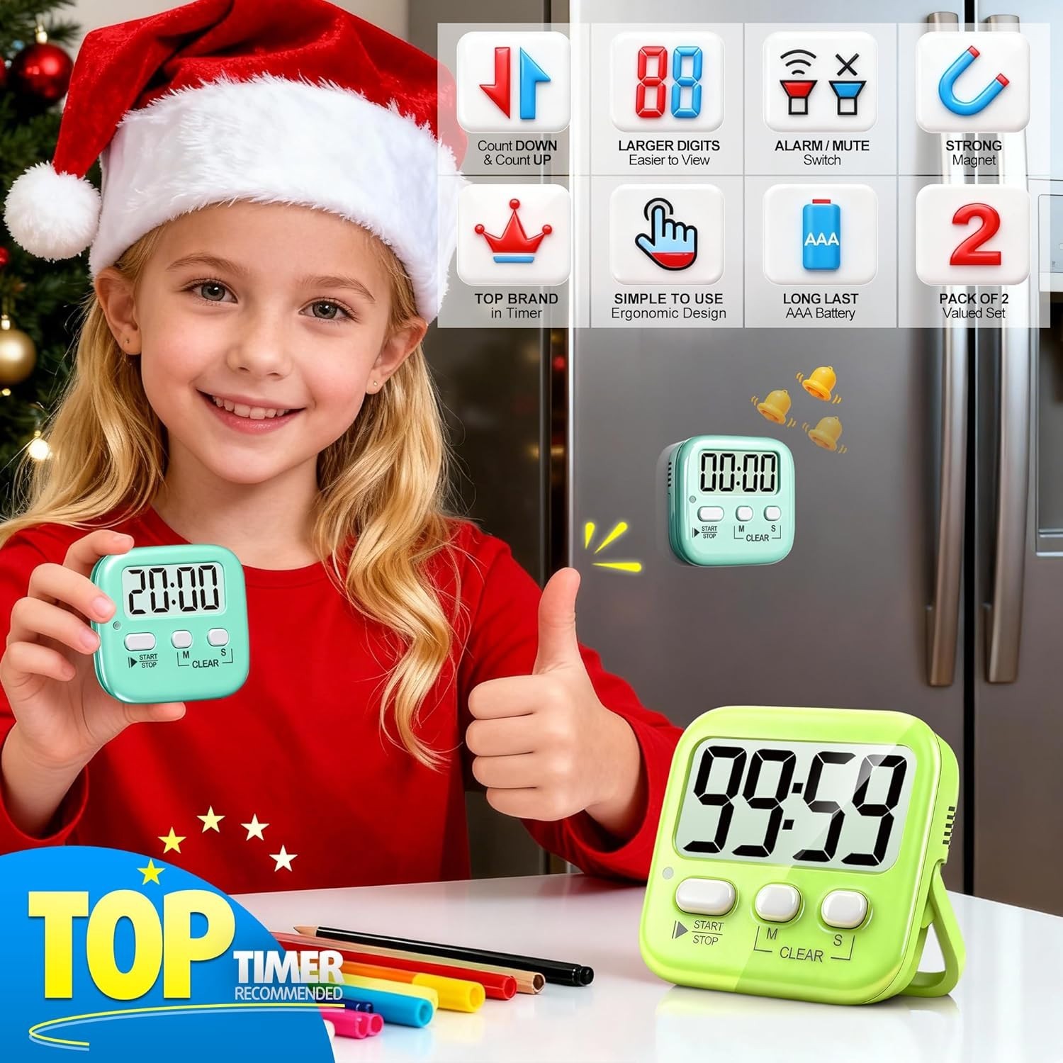 2 Pack Digital Timer for Kids, Magnetic Countdown Kitchen Timers for Cooking,...