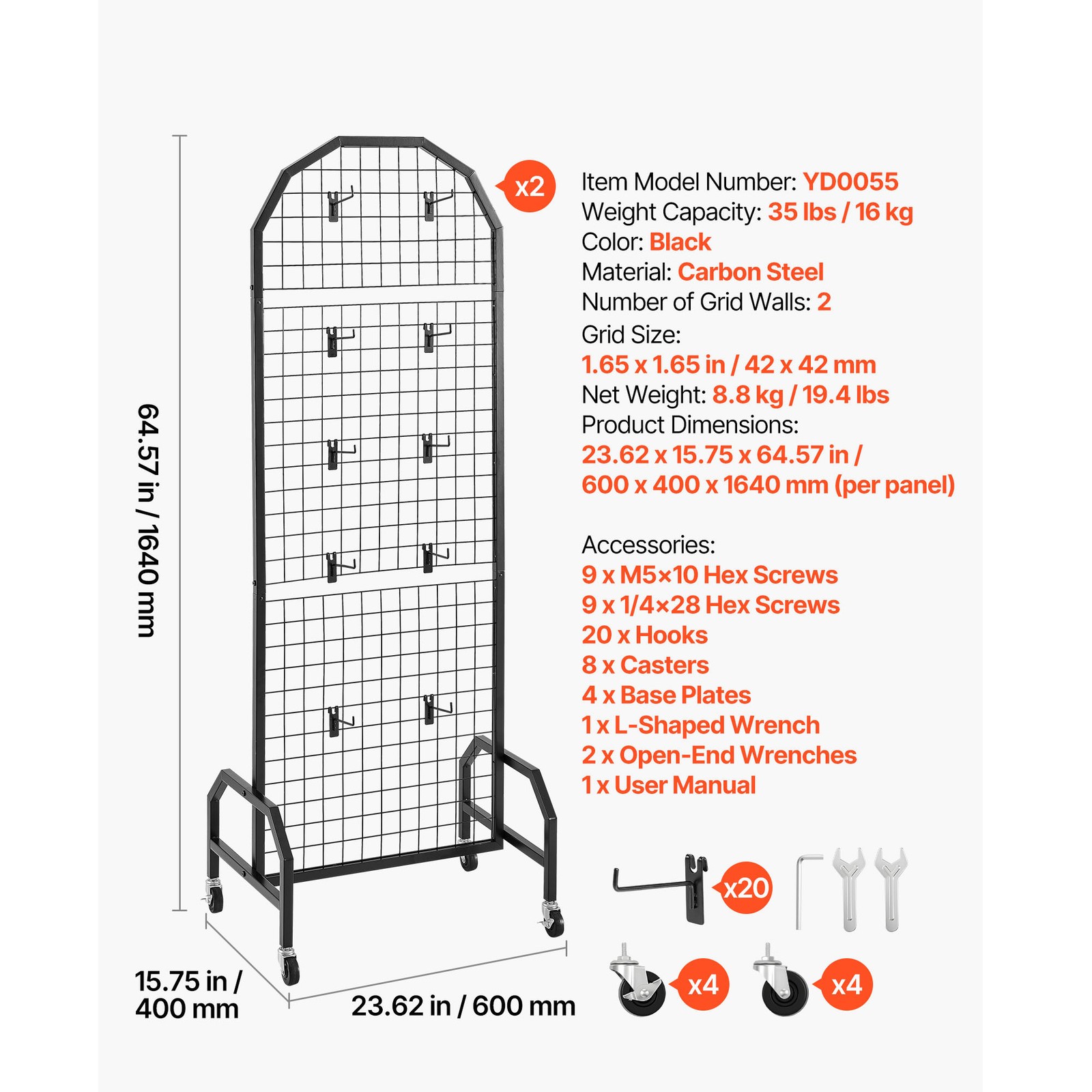Uimoso 2-Pack Grid Wall Panels 1.9 x 5.4ft Wire Display Rack with Wheels & Hooks