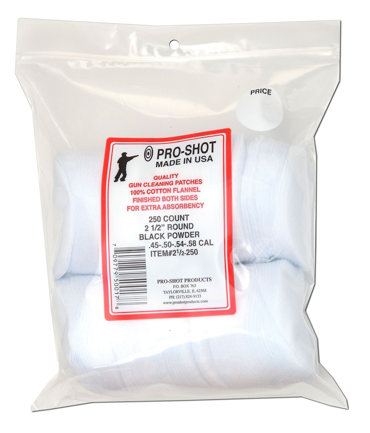 Pro-Shot 212250 Cleaning Patches .45 - .58 Cal 2.50" Round Cotton Flannel 250 Pa