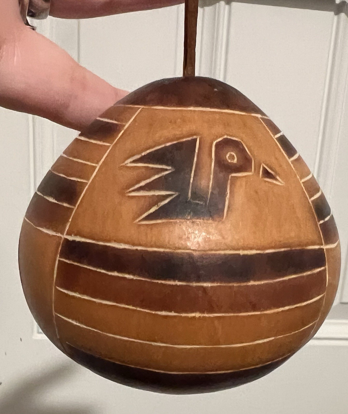 VTG Hand Carved Etched Gourd w/  Birds Folk Art Rattles Signed Costa Rica