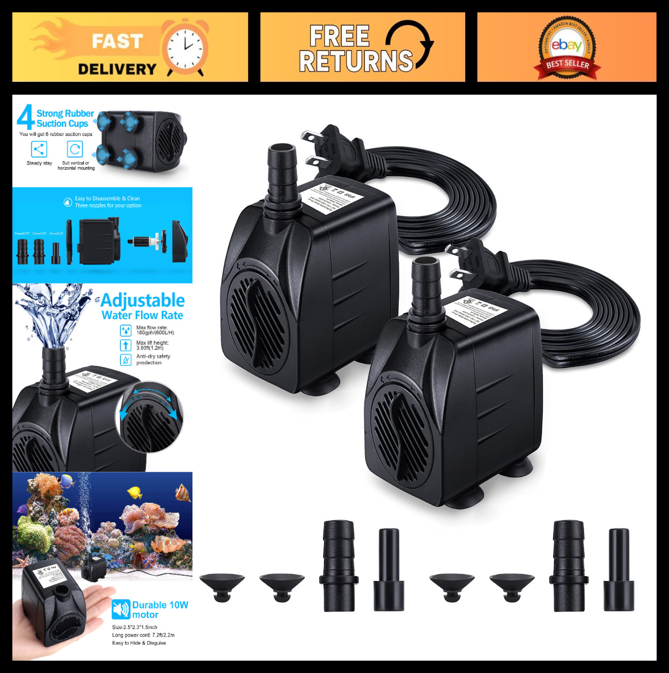 Submersible Fountain Pump 160GPH 10W - 2 Pack, Durable Outdoor Water Pump, 3 Noz