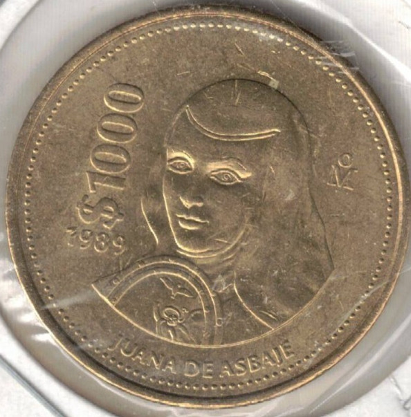 1989 Mexico Juana de Asbaje Brilliant Uncirculated 1000 Pesos Coin!