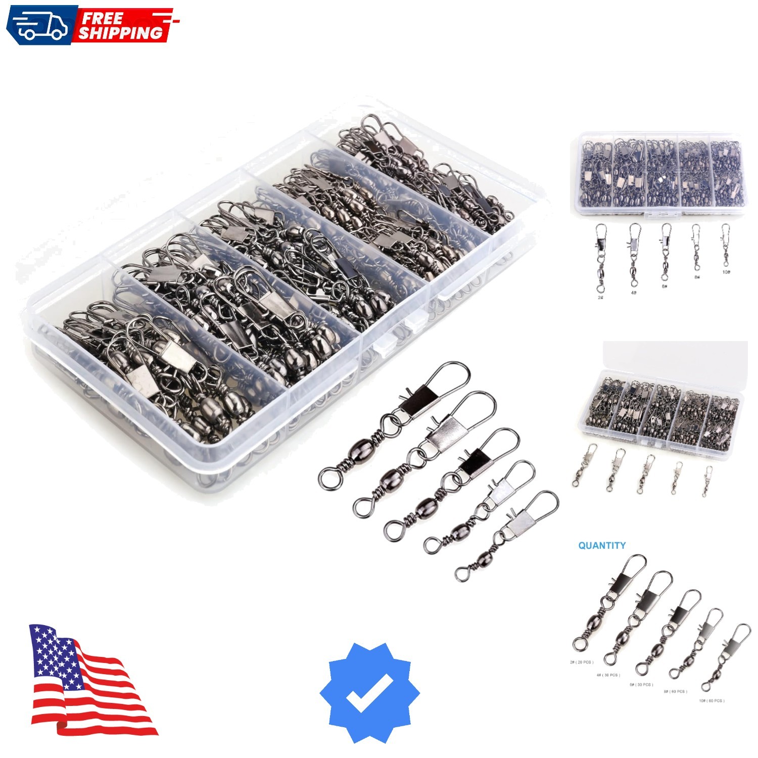 200PCS Barrel Snap Swivel Fishing Accessories,  Fishing Gear Equipment with B...
