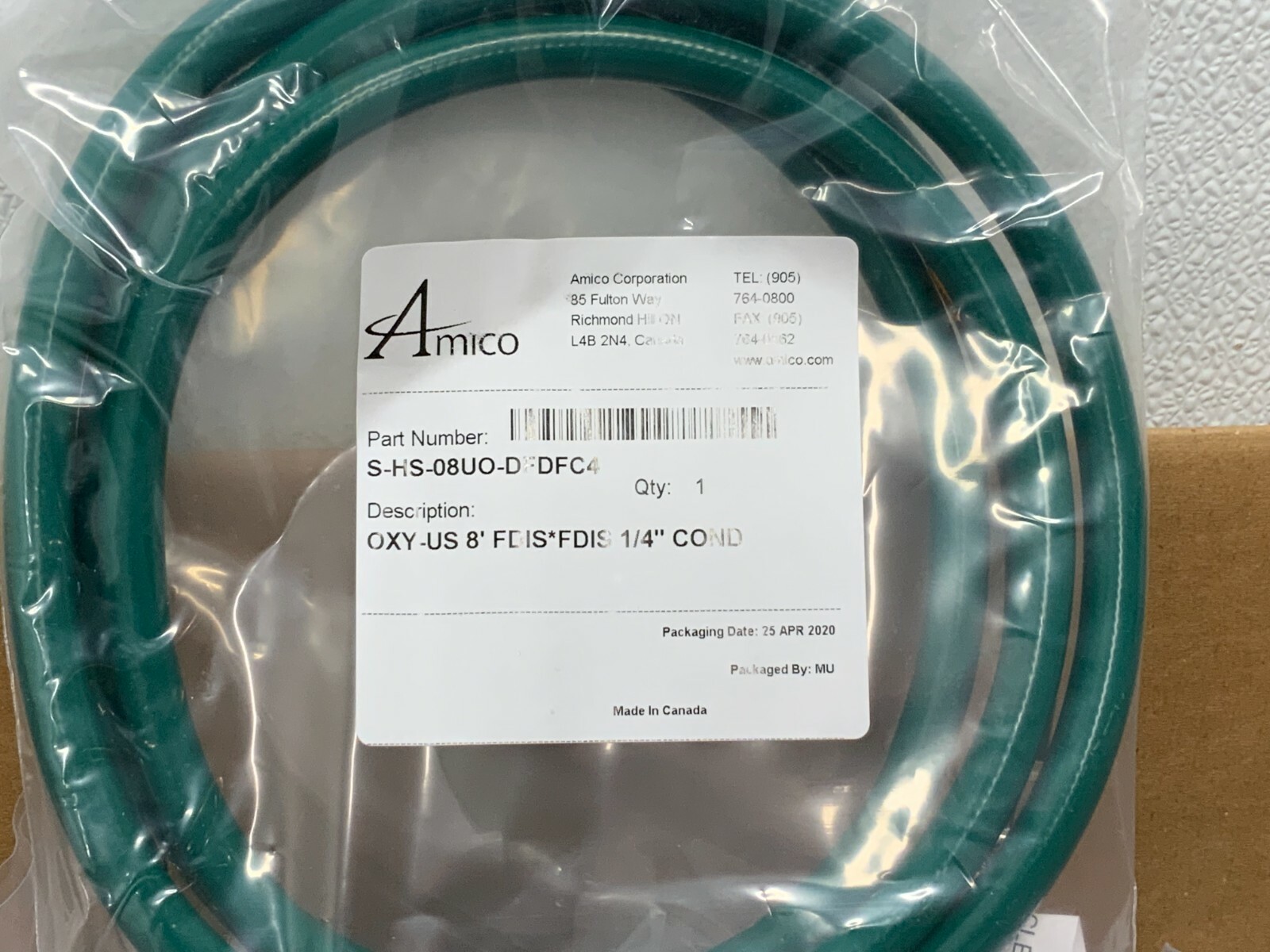 Amico Oxygen Gas Hose FDIS 1/4" Cond OXY-US 8' S-HS-08UO-DFDFC4 New Lot 25 B10C