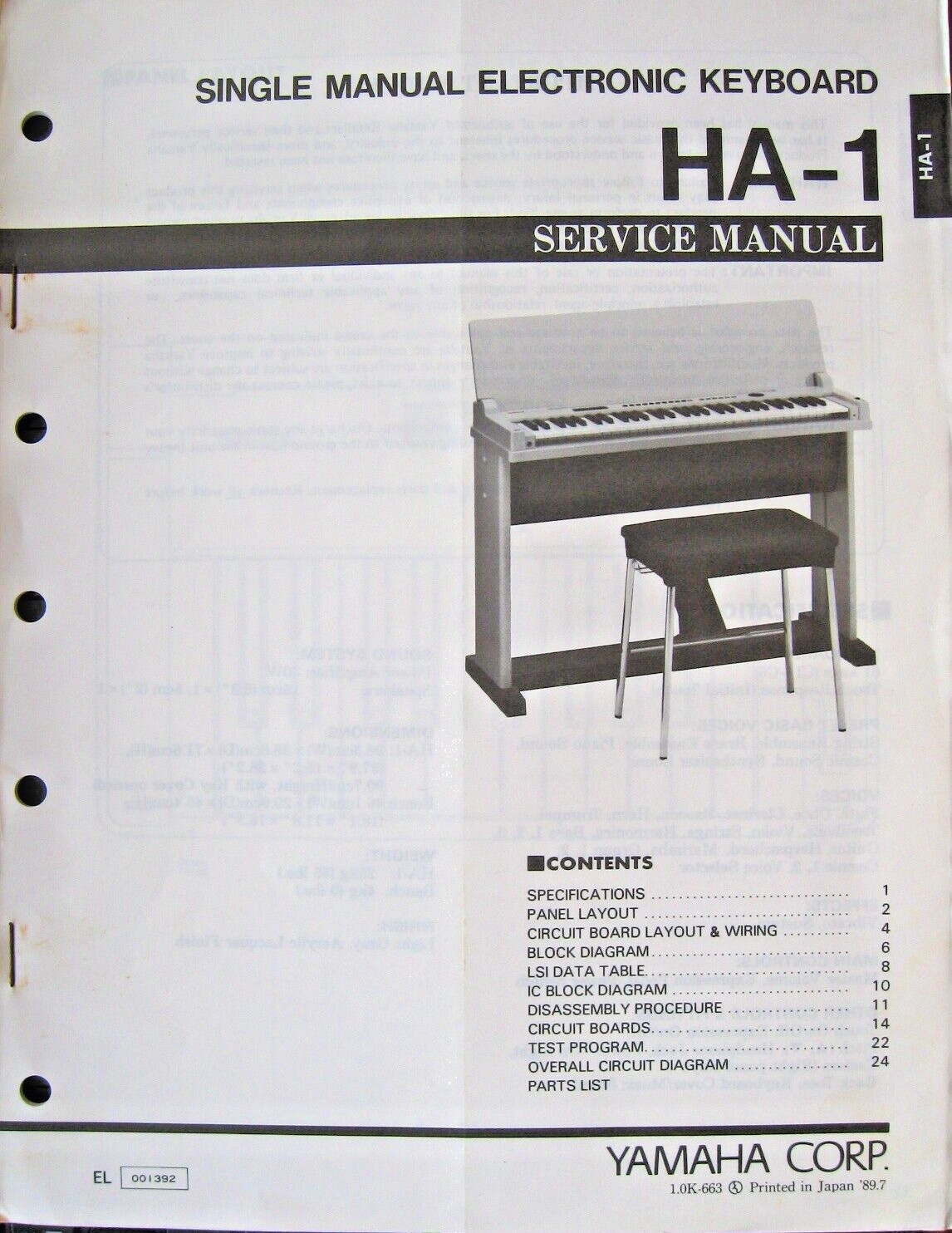 Yamaha HA-1 Single Manual Electronic Keyboard Original Service Manual Book
