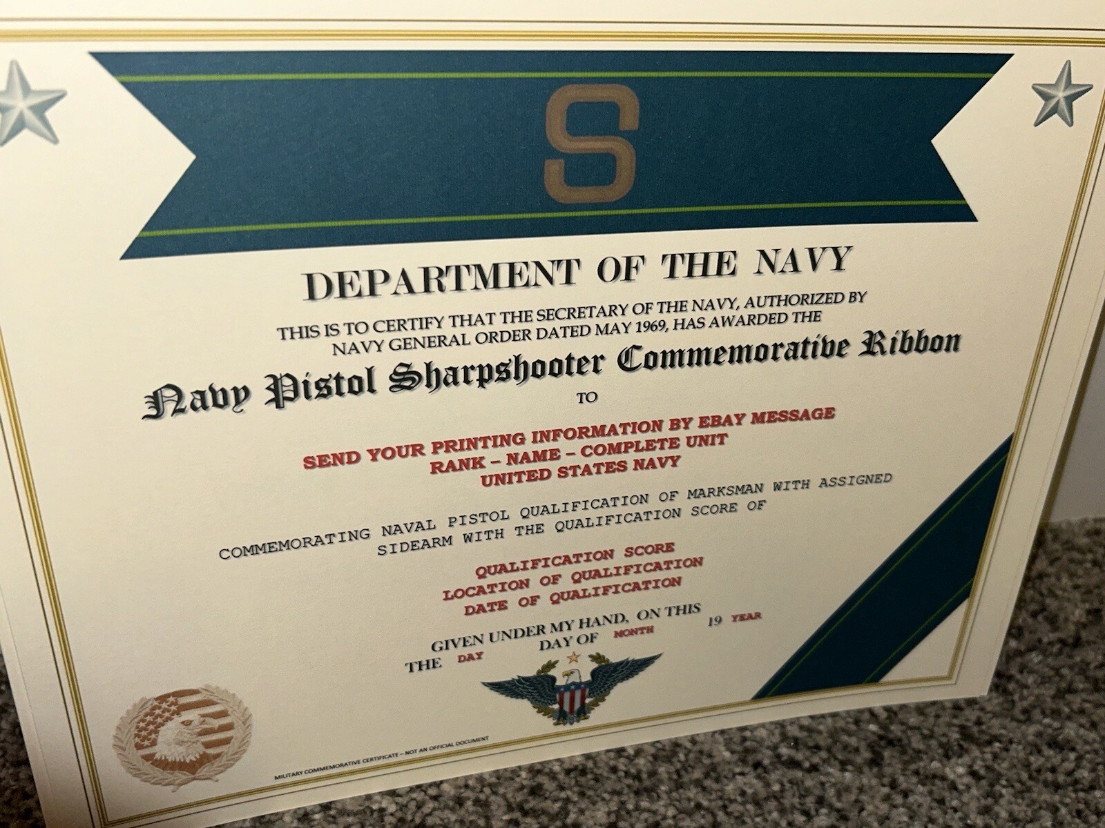 U.S. NAVY - PISTOL SHARPSHOOTER RIBBON COMMEMORATIVE CERTIFICATE ~W/PRINTING T-1