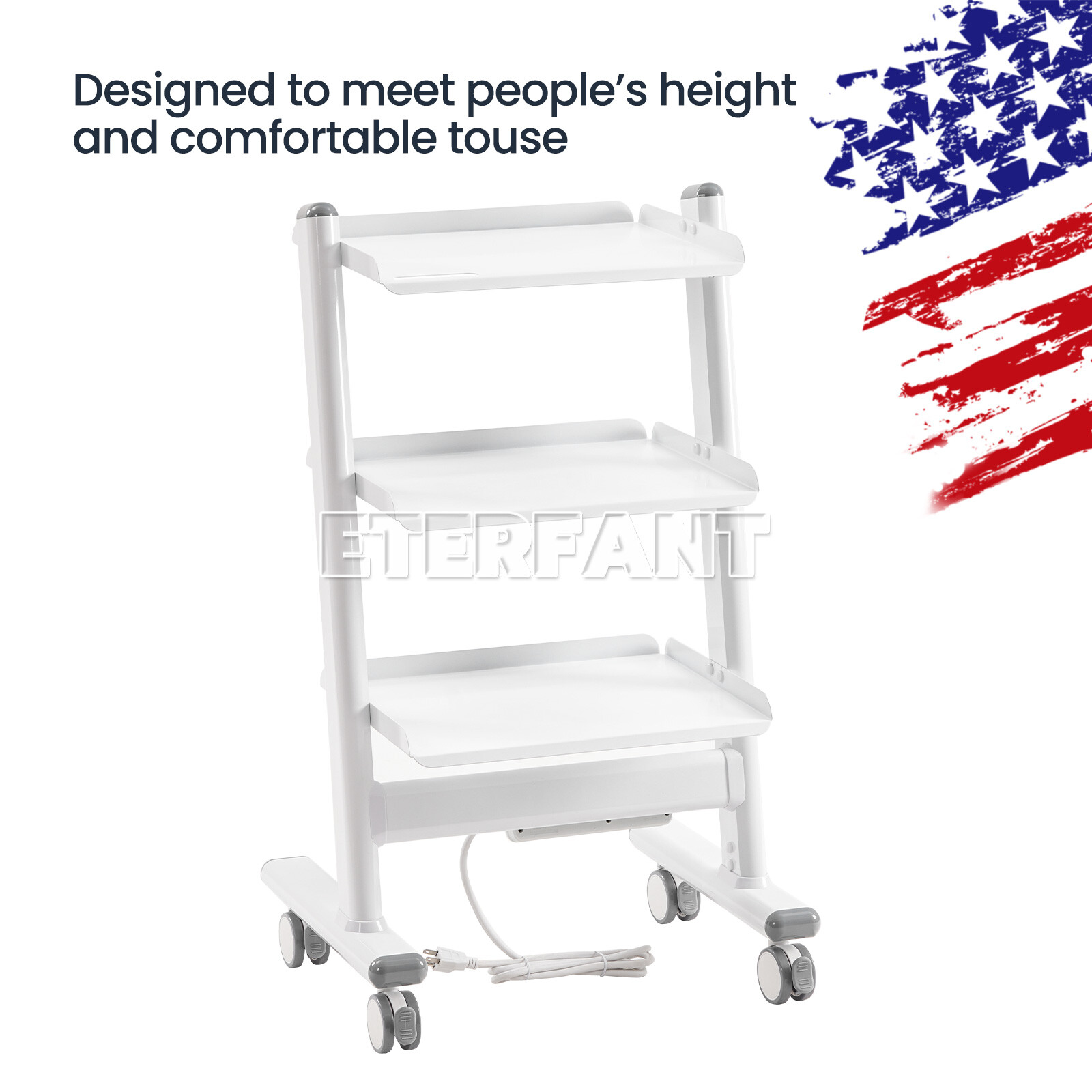 ETERFANT Medical Trolley 3 Tiers Mobile Rolling Cart Stainless Steel Dental Lab