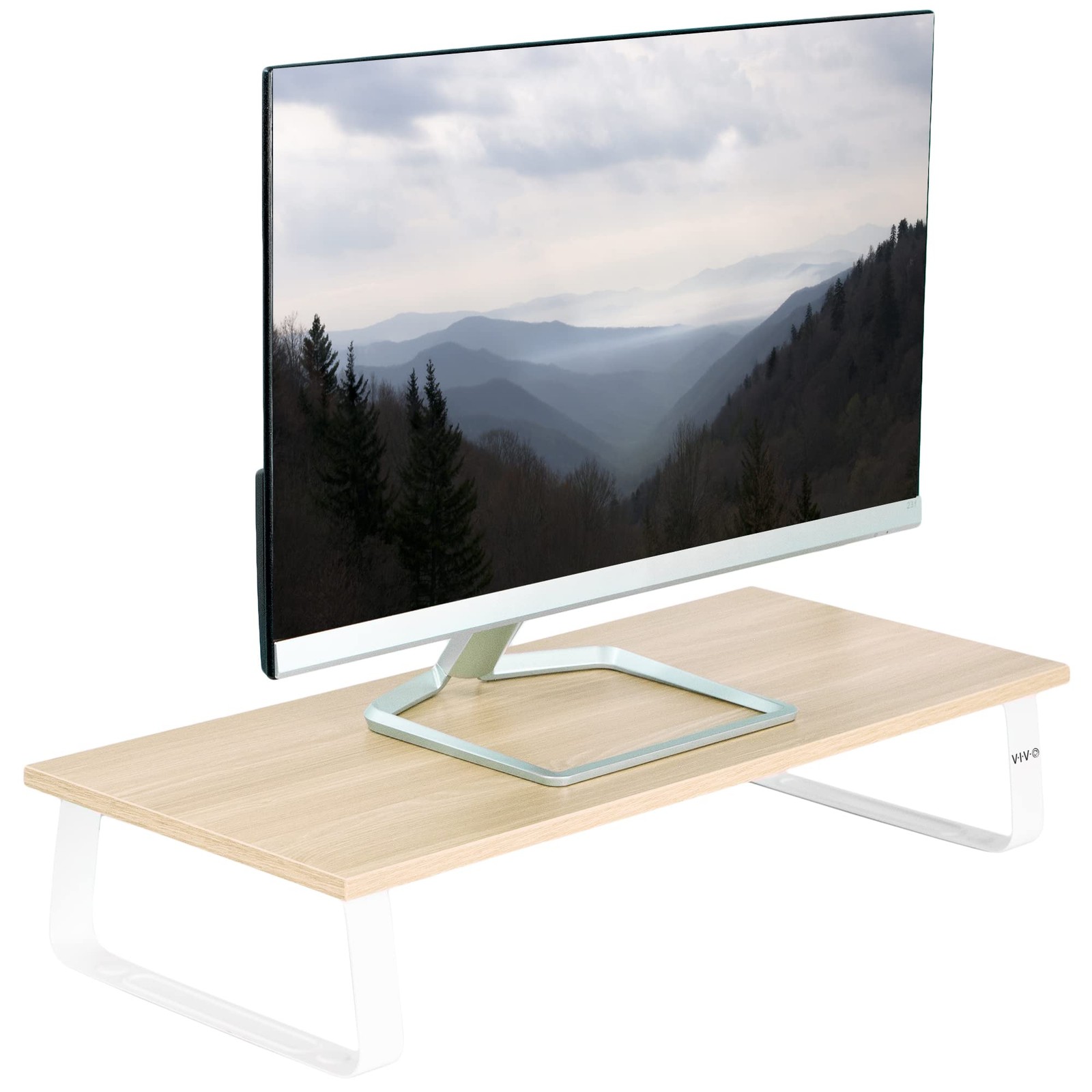 24 inch Monitor Stand, Light Wood, Steel Desktop Riser, Ergonomic, STAND-V000WM