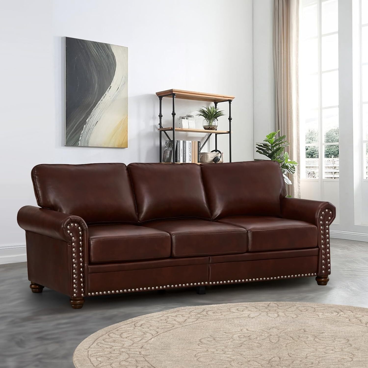 82" Faux Leather Sofa Oversized 3 Seater Sofa with Nailhead For Living Room