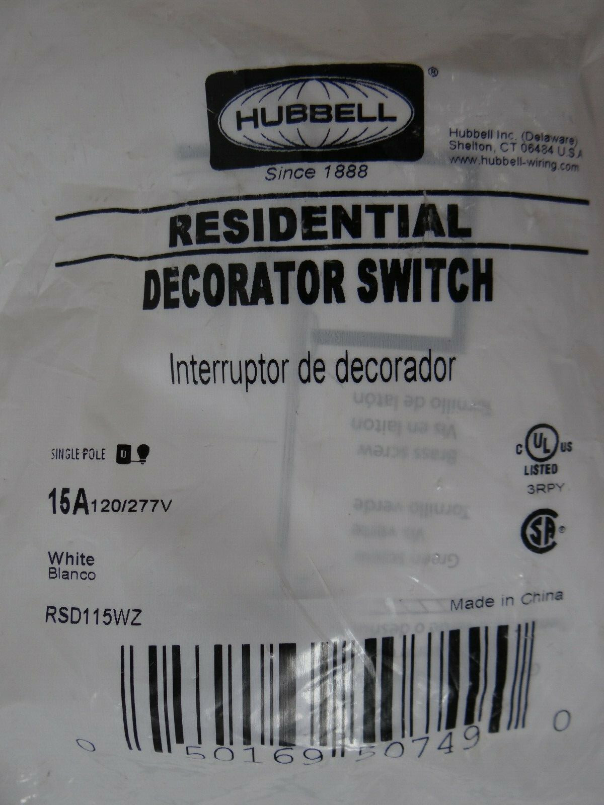 Hubbell Residential Decorator Rocker Switch White RSD115WZ, 15A 120/277V