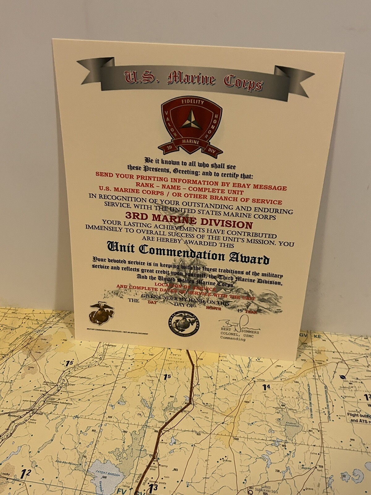 U.S.M.C. / 3RD MARINE DIVISION ~ UNIT COMMENDATION AWARD / CERTIFICATE